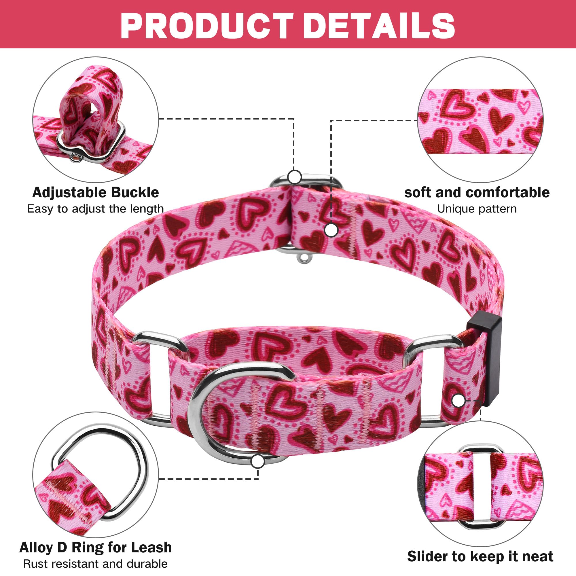 Hikiko Pink Heart Martingale Dog Collar With No Buckle Pretty Cute Valentines Dog Collar For Medium Dogs,Love,M