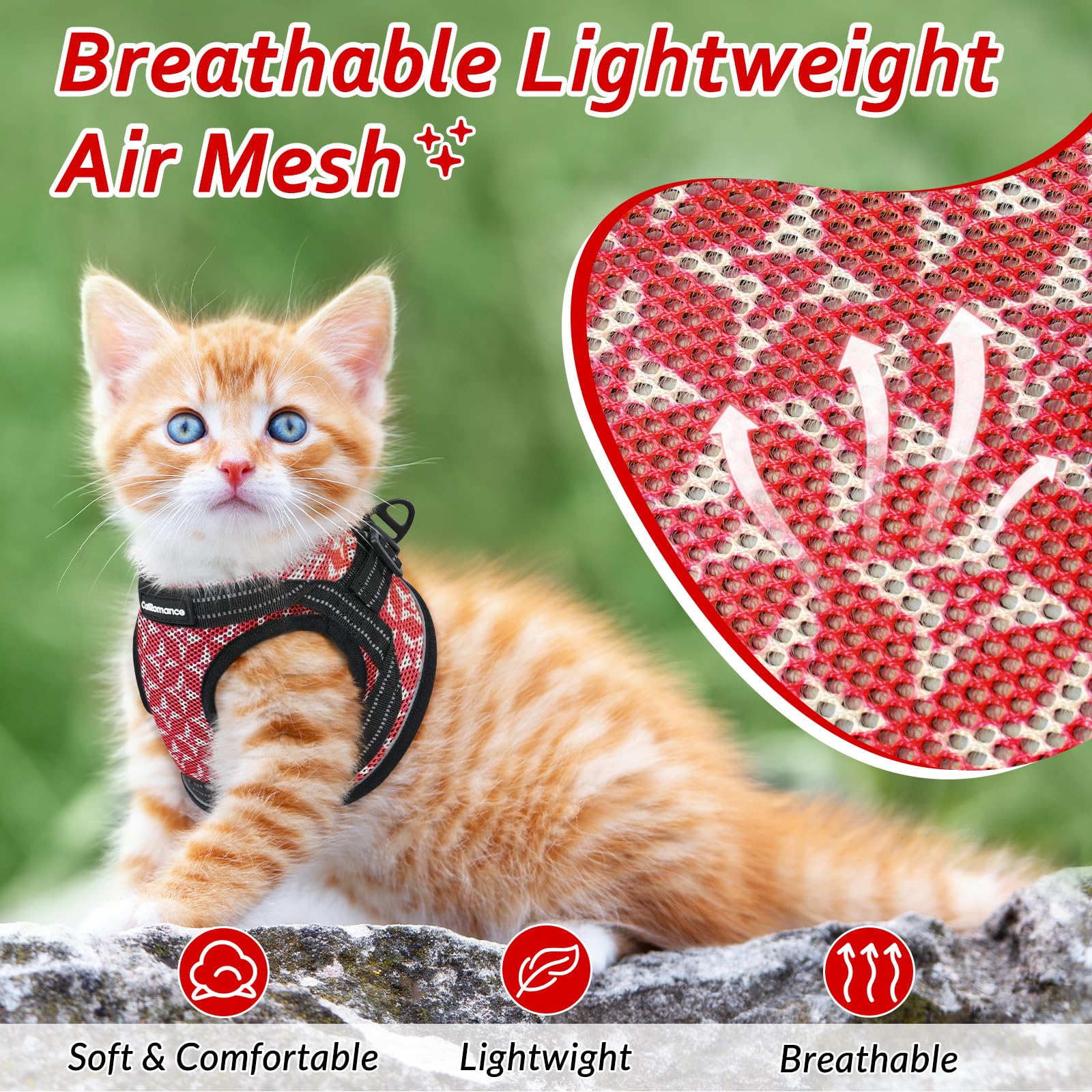 Catromance Cat Harness And Leash Set Escape Proof For Walking, Safe Adjustable Small Large Kitten Vest With Reflective Strip For Kitty, Easy Control Comfortable Soft Outdoor Harnesses, Red, Medium