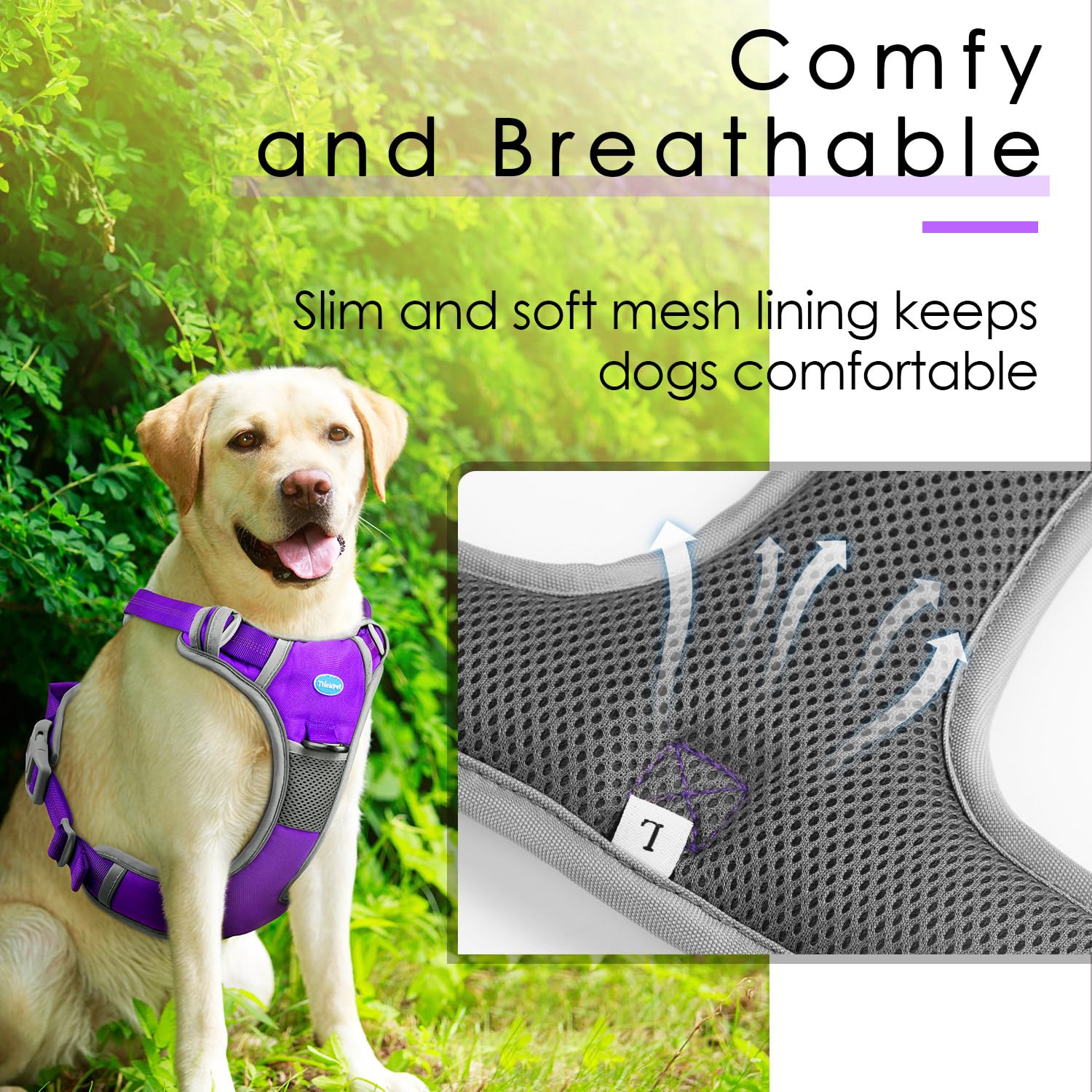 Thinkpet No Pull Harness Breathable Sport Harness With Handle-Dog Harnesses Reflective Adjustable For Medium Large Dogs,Back/Front Clip For Easy Control L Neon Purple