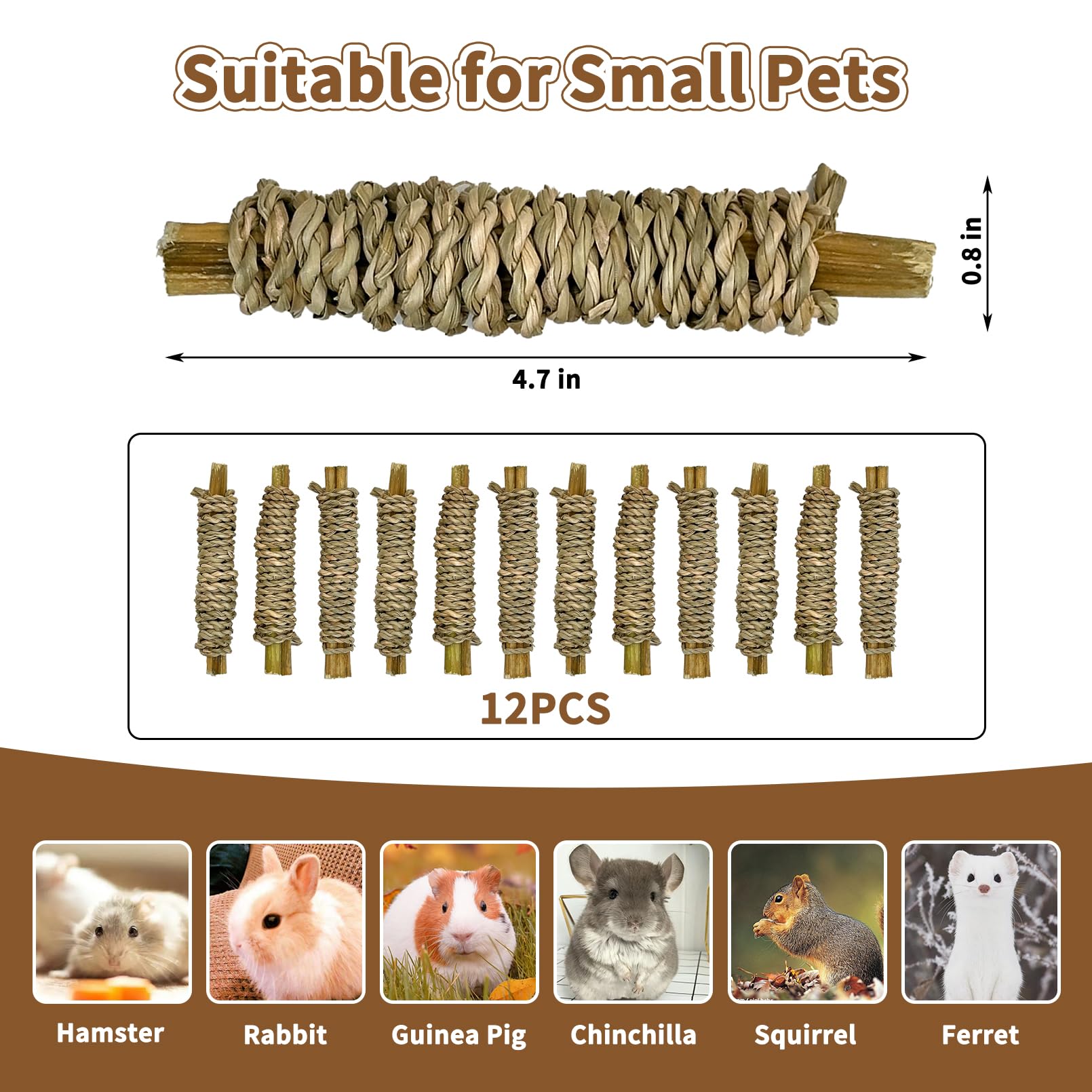 Fhiny 12 Pcs Rabbit Chew Sticks, Natural Papaya Wood Seagrass Guinea Pig Chew Toys For Teeth Small Animal Molar Sticks Snacks Fo