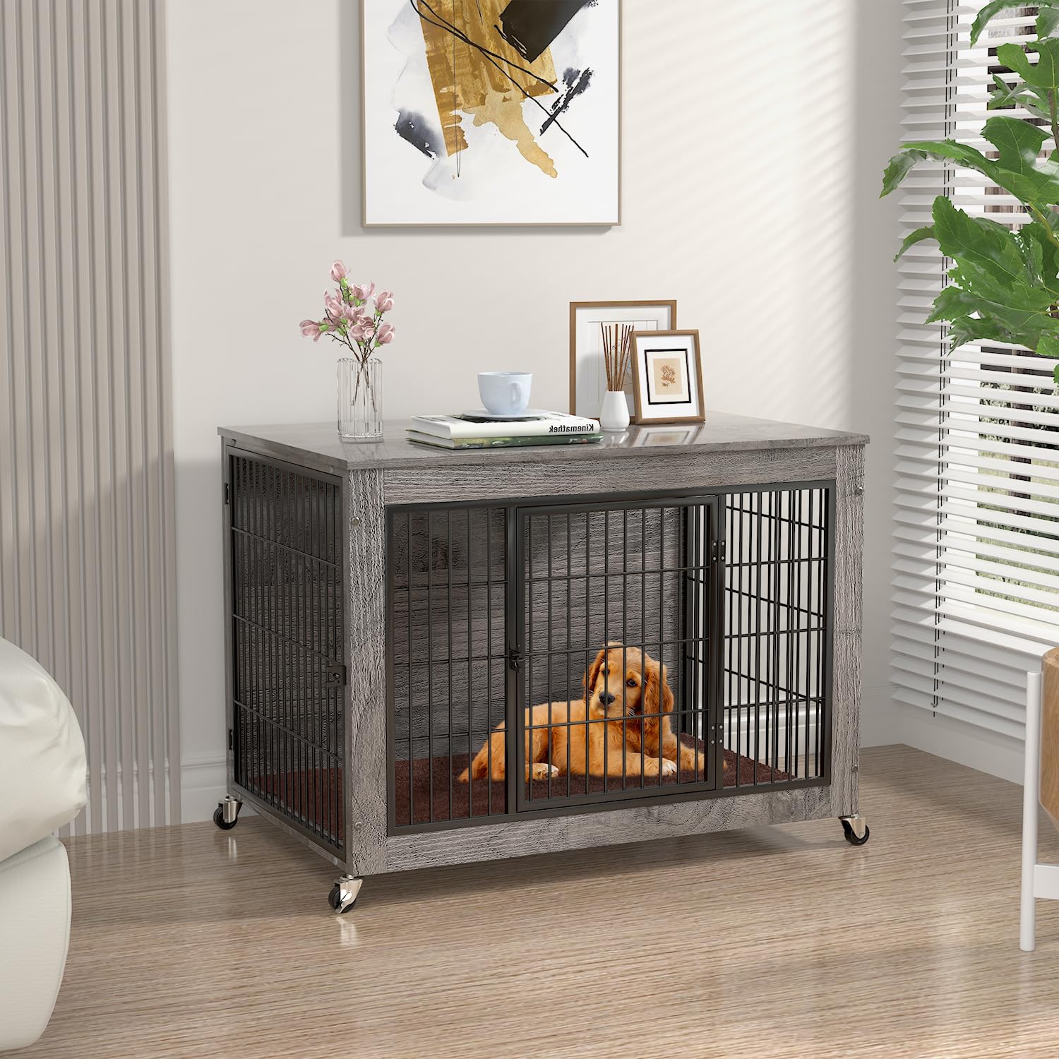 PRETZI 32 Dog Crate Furniture with Cushion,Dog Kennel Indoor for Small/Medium Dog,Wooden Pet House End Table with Durable Mesh,D