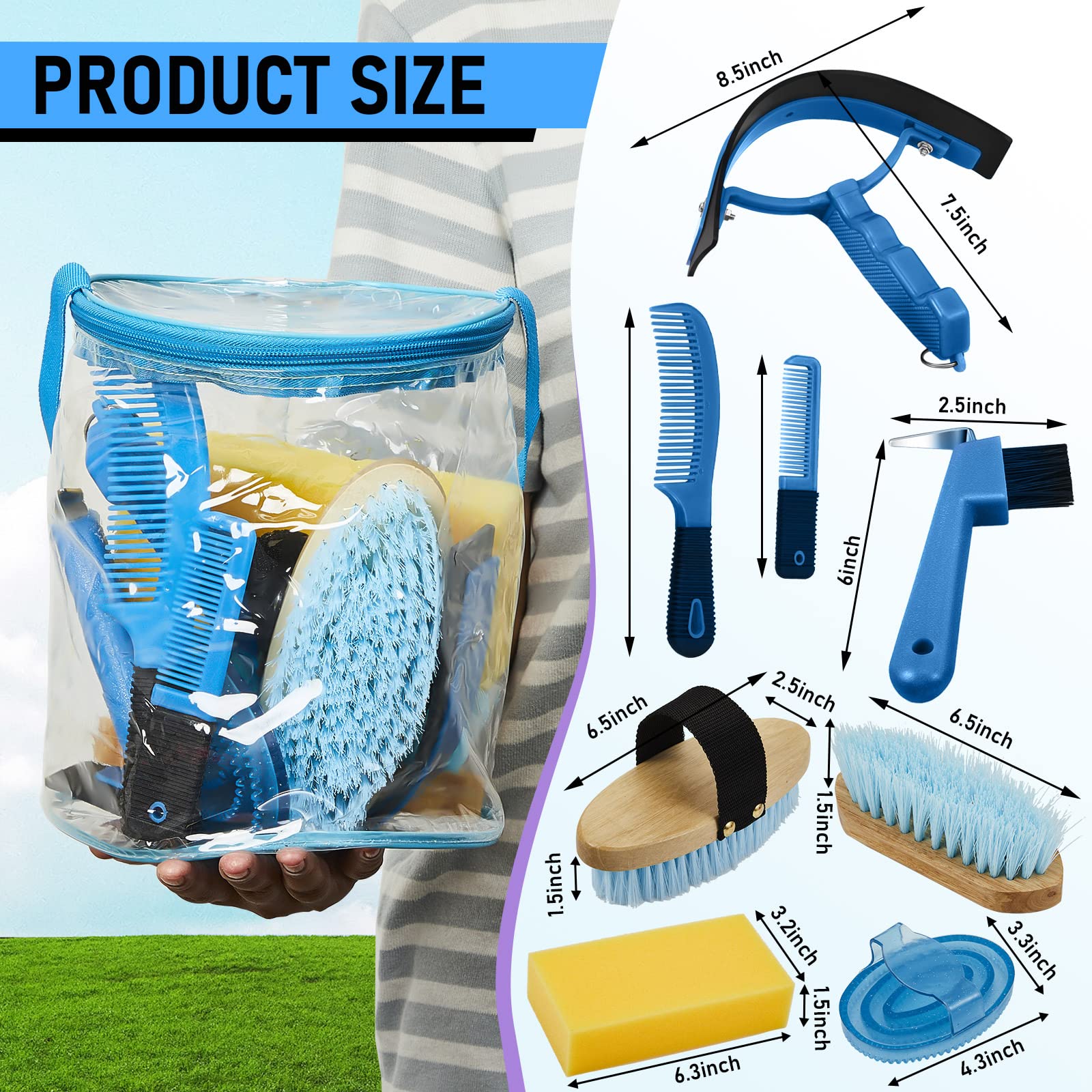 9 Pieces Horse Grooming Kit Tack Room Supplies Set With Organizer Tote Bag, Oval Massage Curry, Hard And Soft Brush, Hoof Pick,