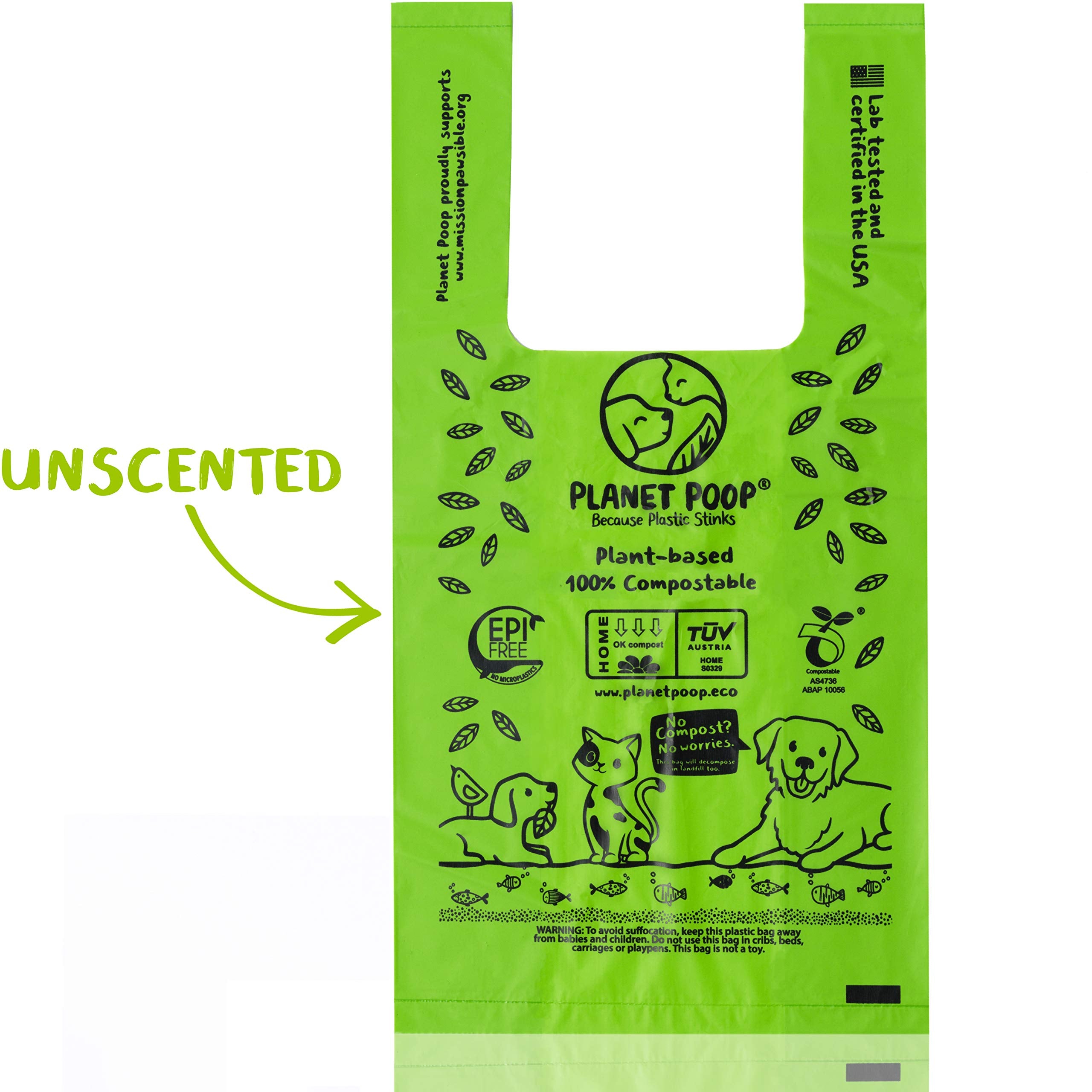Planet Poop Home Compostable Dog Poop Bags With Handles, Large Single Roll 200 Grab & Go, Un-Scented Pet Waste Bag, Leakproof Fo