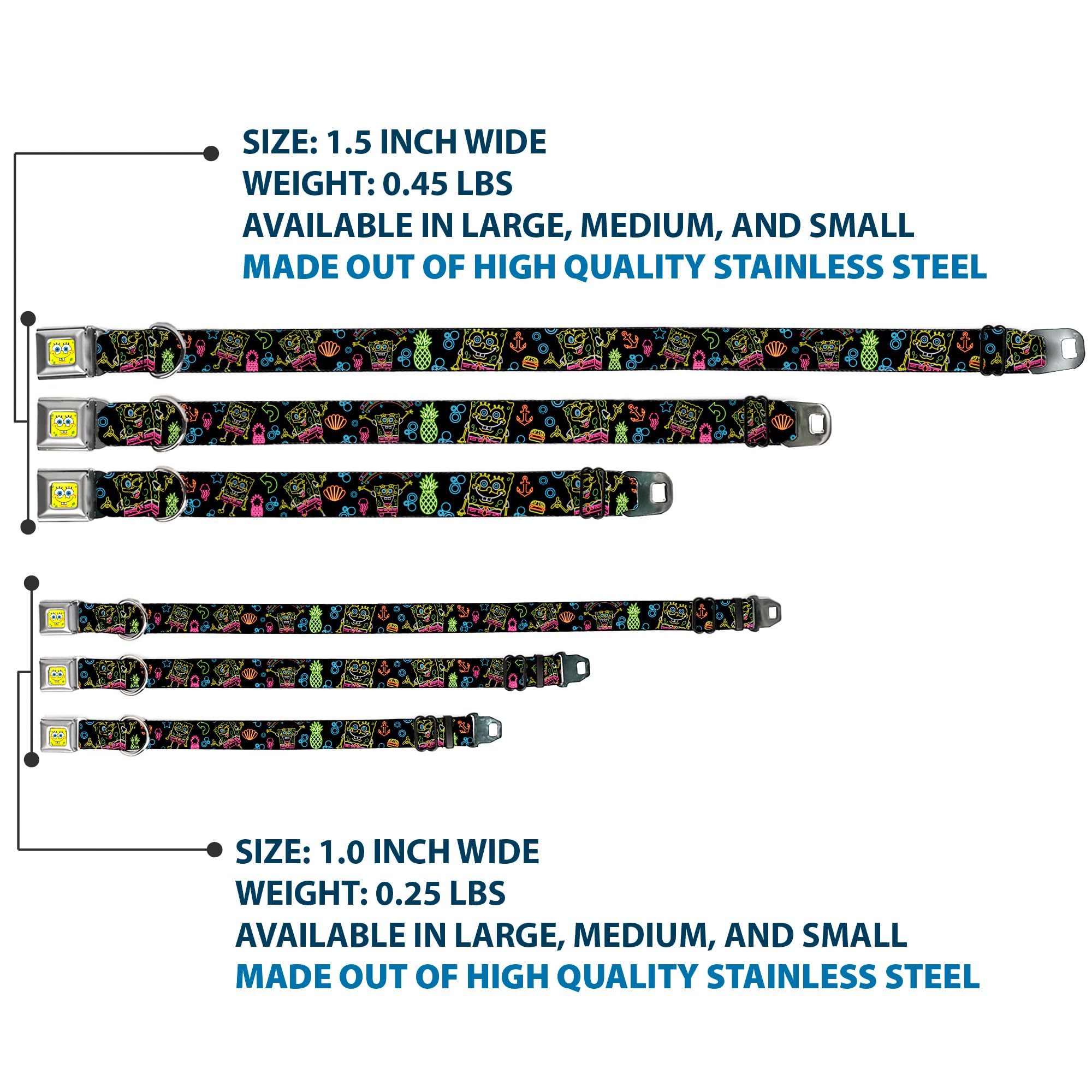 Dog Collar Seatbelt Buckle Electric Spongebob Poses Elements Black Multi Color 13 To 18 Inches 1.5 Inch Wide