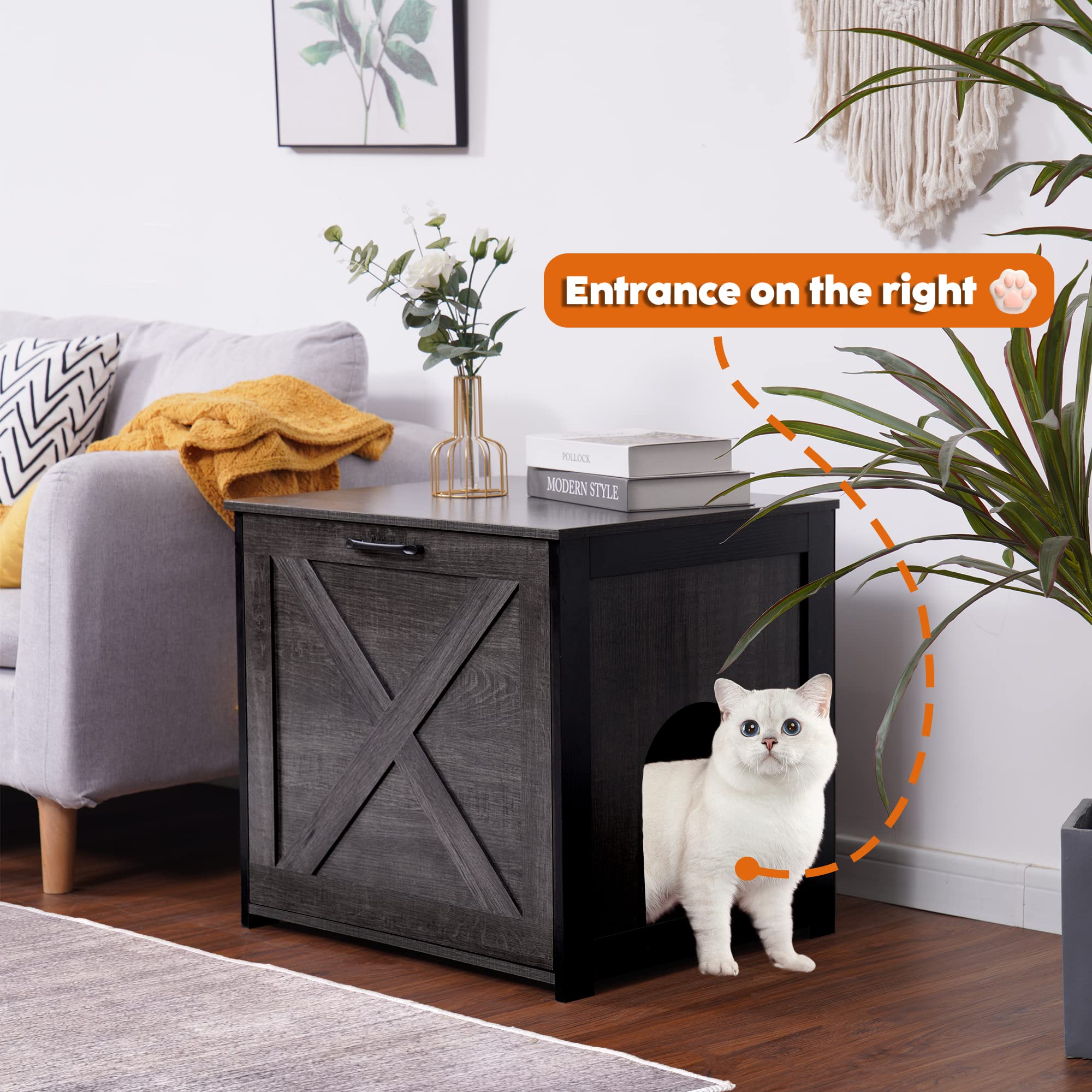 Dwanton Cat Litter Box Furniture Hidden, Cat Litter Box Enclosure, Reversible Entrance Can Be On Left Or Right Side, Indoor Cat Box Cabinet, Wooden Cat Washroom, End Table, Nightstand, Dark Gray
