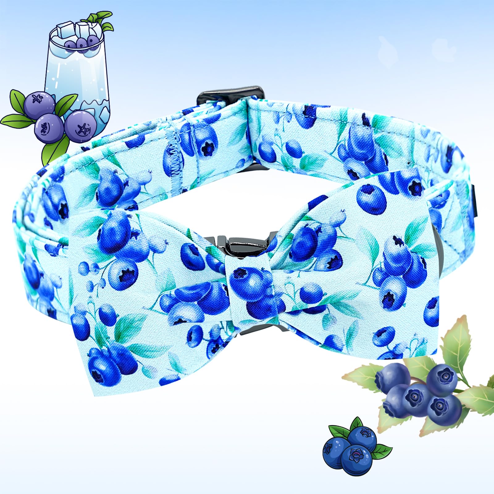 Lionheart Glory Dog Bow Collar Blueberries Print Collars For X-Small Dogs, Spring Summer Cute Duty Adjustable Dog Collar With Bo
