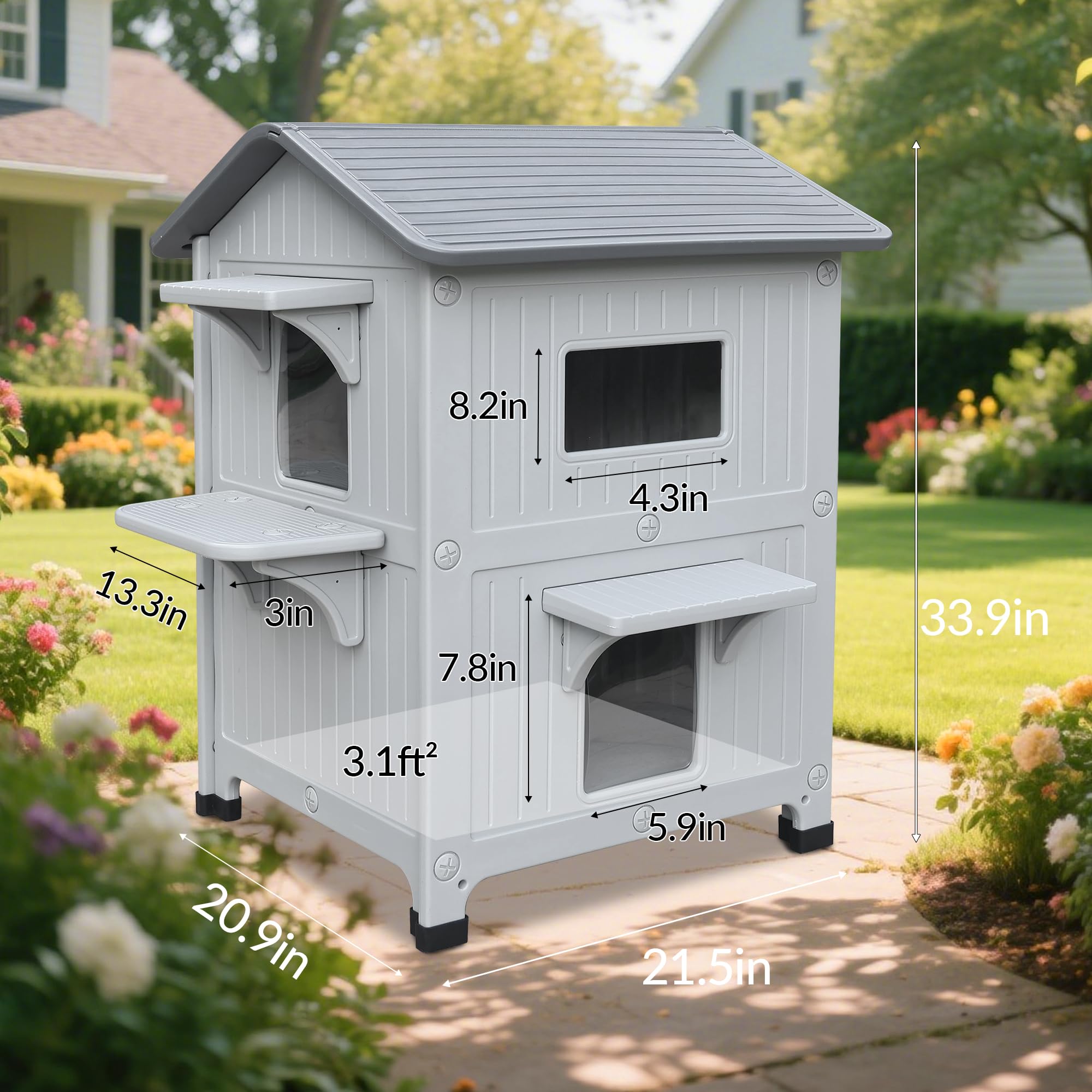 Plastic Outdoor Cat House with Mat Weatherproof for Feral Multi Cat, 2 Story Insulated Elevated Cat Shelter with Escape Door, Ea