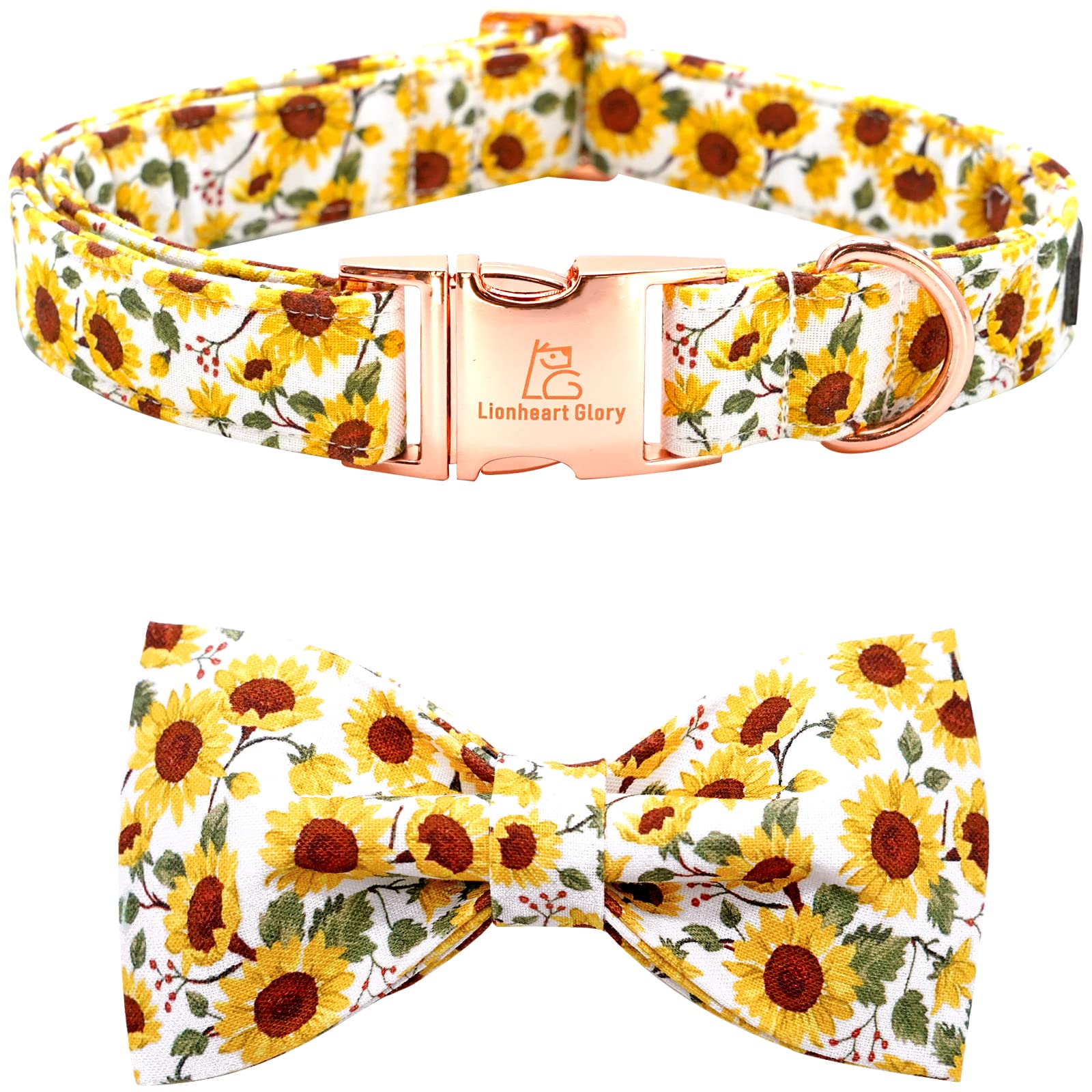 Lionheart glory Dog Collar with Bow Tie Sunflower Print Dog Collar for Female or Male Dogs Soft Durable Adjustable Collar Bows S
