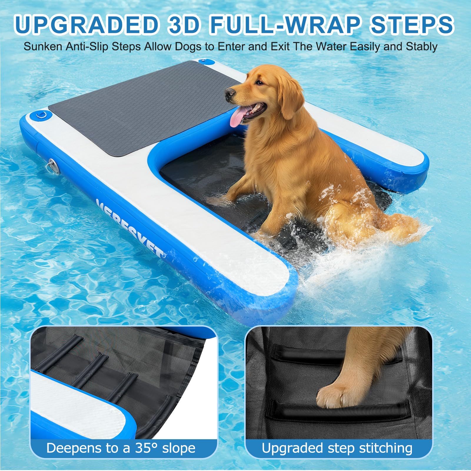 VEBESYET Inflatable Dog Ramp, 5FT Non-Slip EVA Ladder for Pools & Boats, Supports Pets Up to 220LBS, Blue - Model VE-005