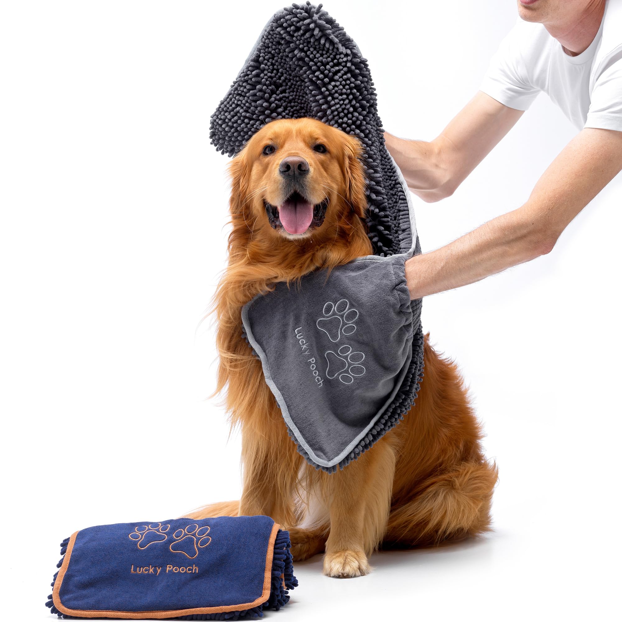 Lucky Pooch Super Absorbent Shammy Dog Towel - Luxuriously Soft Hand Pockets - 34.5x12.5 - Quick Drying Microfiber Dog Bath Towe