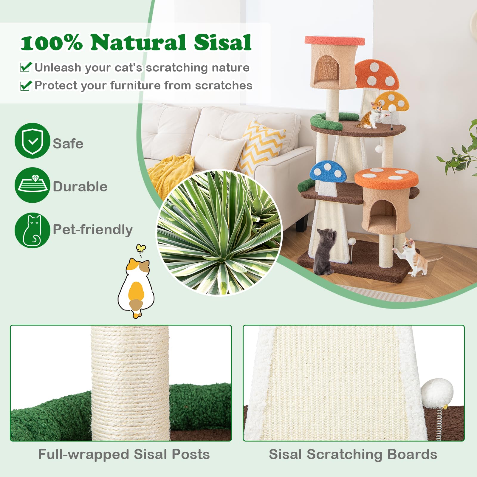 Petsite Mushroom Cat Tree, 57.5 Inches Tall Multi-Level Cat Tower With Natural Sisal Scratching Posts & Boards, Cat Condo And Te