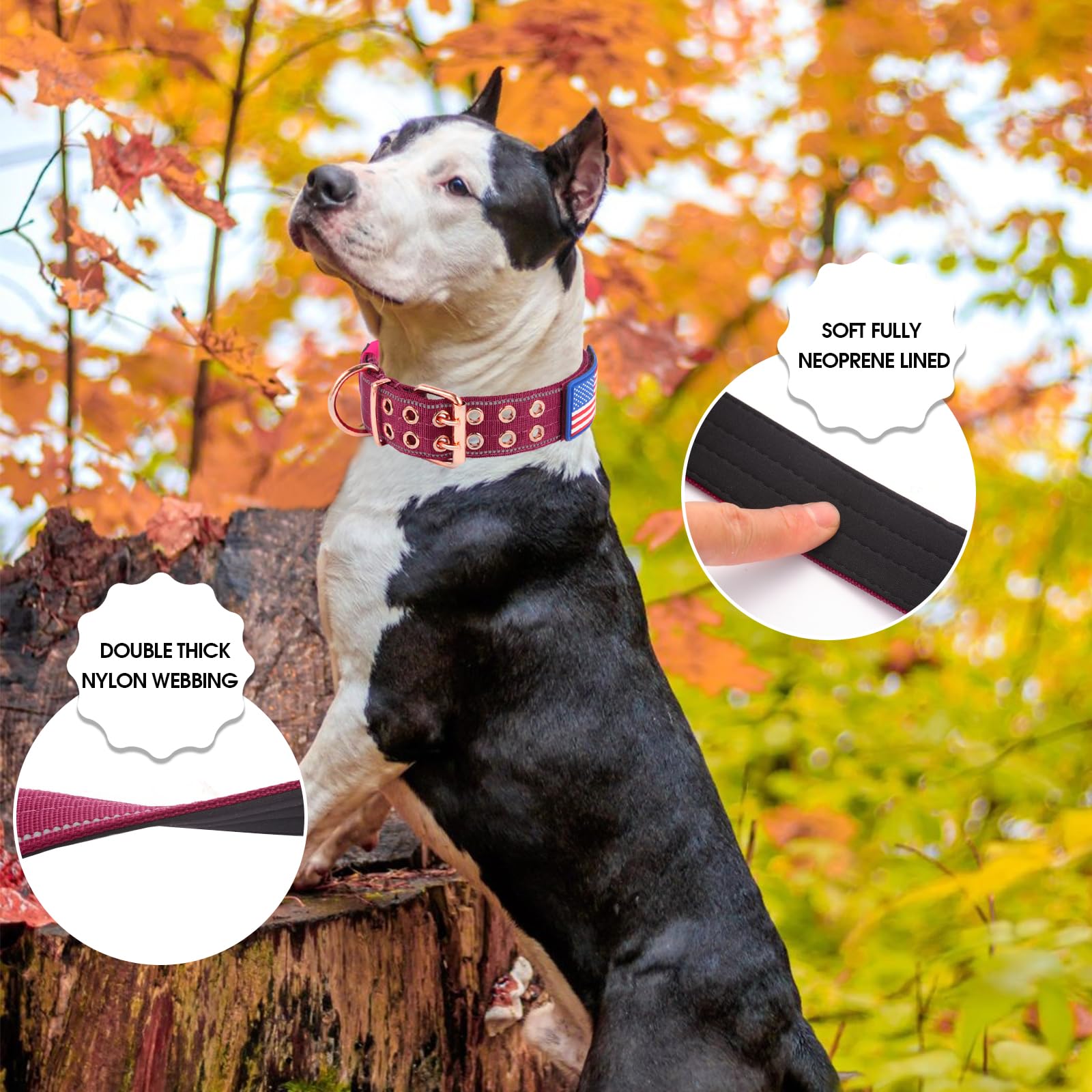 Yunleparks Heavy Duty Tactical Dog Collar With Neoprene Padded And Metal Buckle, Reflective Nylon For Medium To Large Dogs(Wine