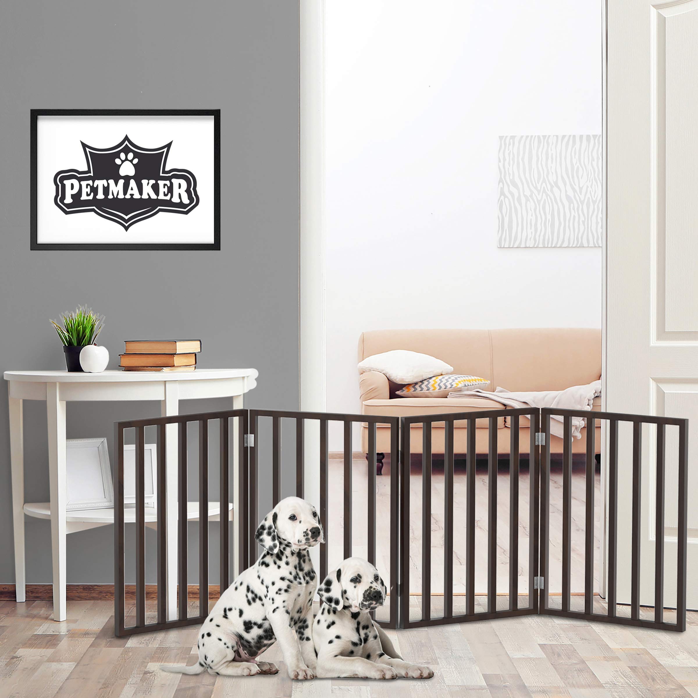 Pet Gate - 4-Panel Indoor Foldable Dog Fence For Stairs, Hallways Or Doorways - 72X24-Inch Retractable Wood Freestanding Dog Gates By Petmaker (Brown)