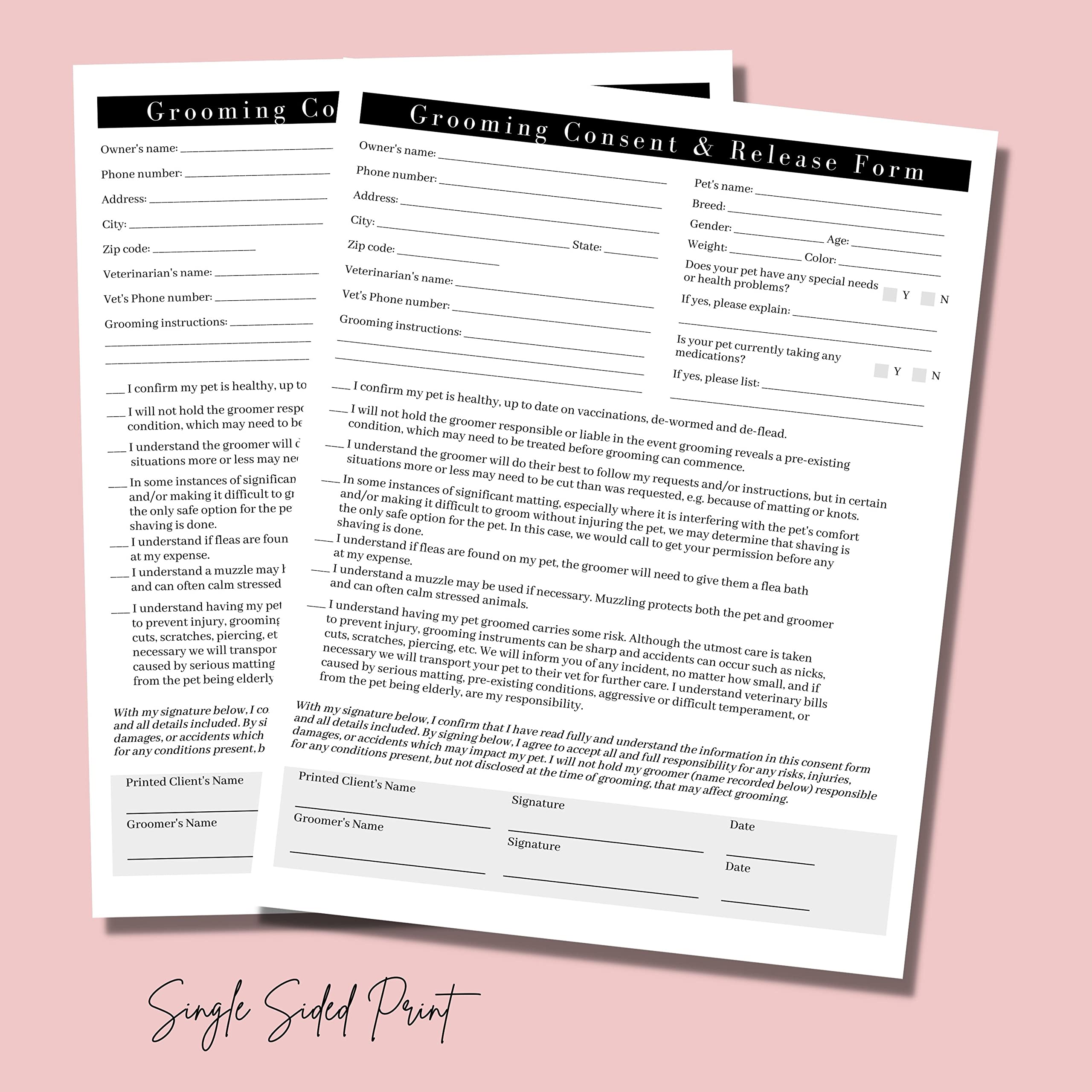 Boutique Marketing Pet Grooming Intake, Consent & Release Form | 50 Pack 8.5X11Incheses Standard Paper Size Supplies Matches Groomer Loyalty Appointment Reminder White Black Design