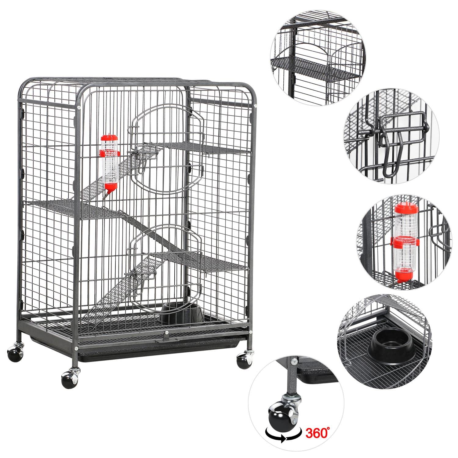 Yaheetech 37" Metal Ferret Chinchilla Cage - Indoor/Outdoor, Black, Iron, 2 Front Doors, Feeder, Wheels