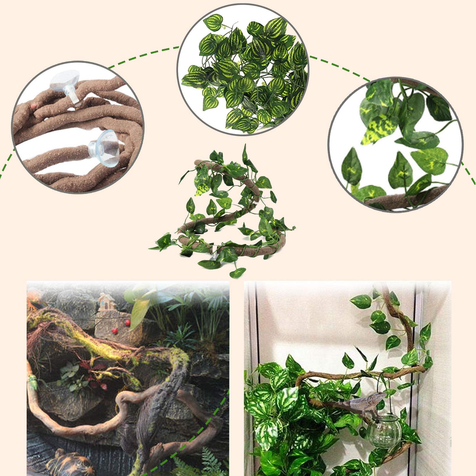 Pinvnby Bearded Dragon Hammock Lizard Natural Seagrass Habitat Reptile Tank Accessories Jungle Climber Vines Flexible Leaves Decor For Climbing Chameleon Hermit Crabs Gecko Snakes