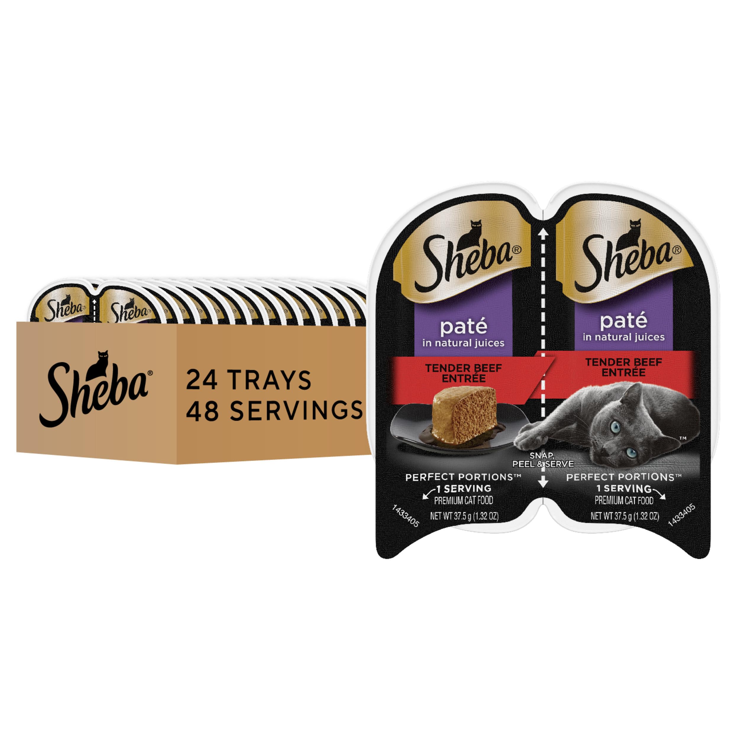 Sheba Perfect Portions Pat   Adult Wet Cat Food Trays (24 Count, 48 Servings), Tender Beef Entr  e, Easy Peel Twin-Pack Trays