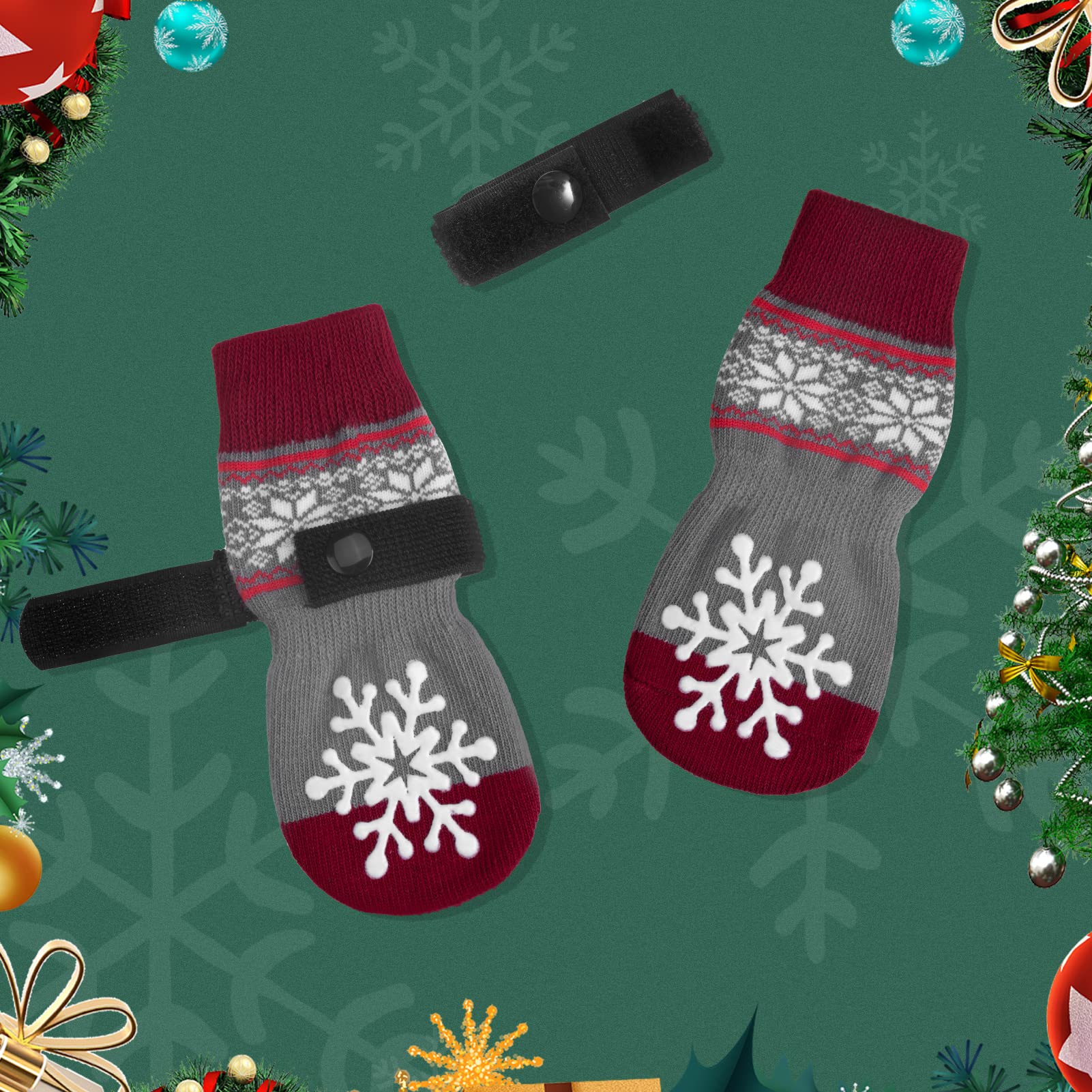 Beautyzoo Christmas Winter Anti-Slip Dog Socks With Grips Traction Control For Small Medium Large Dogs, Non Skid Indoor Double Side Pet Paw Protector For Hardwood Floor Wear, Snowflake L