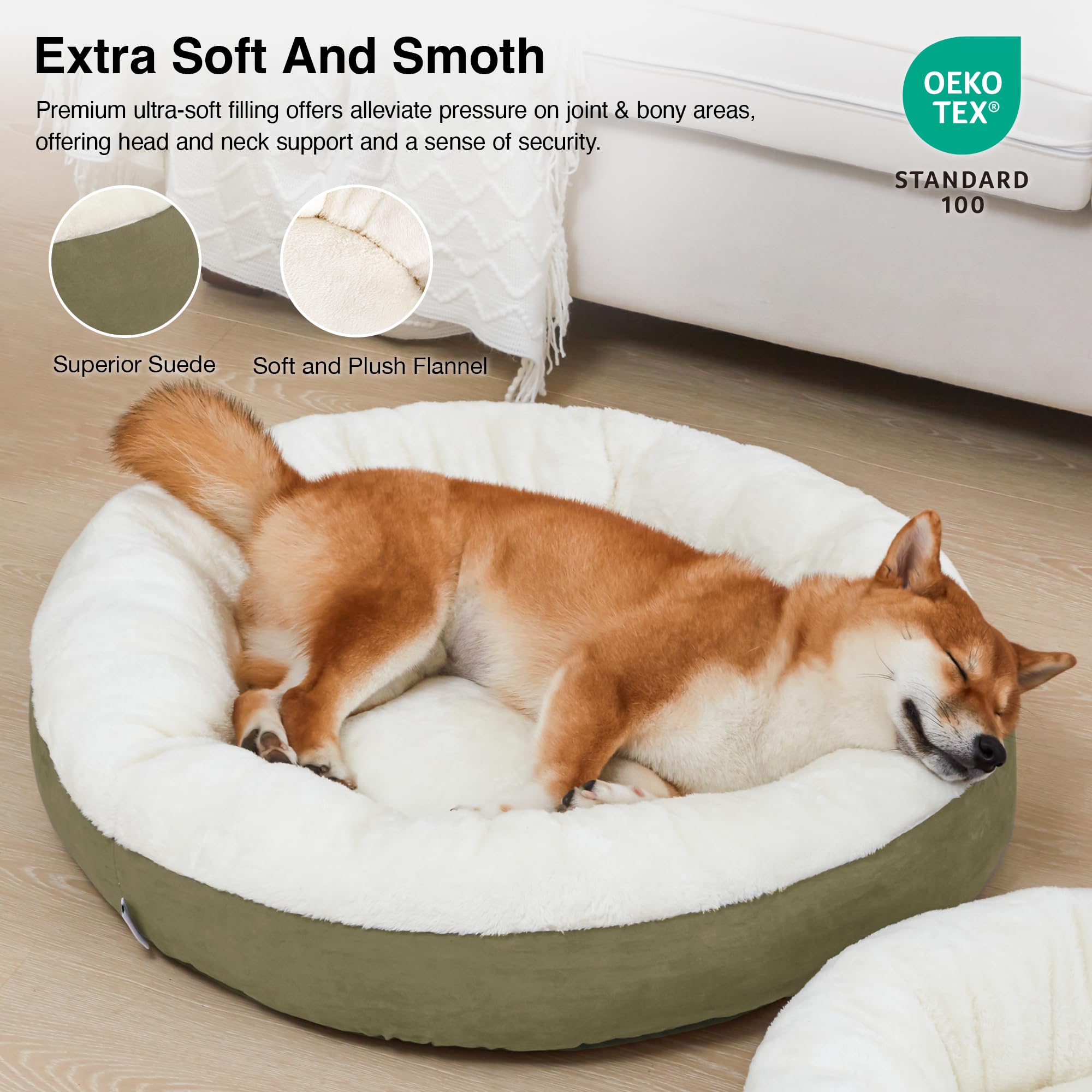 Love'S Cabin Round Donut Cat And Dog Cushion Bed, 30In Pet Bed For Medium Or Large Dogs, Anti-Slip & Water-Resistant Bottom, Soft Durable Fabric Pet Beds, Washable Calming Cat & Dog Bed Olive Green