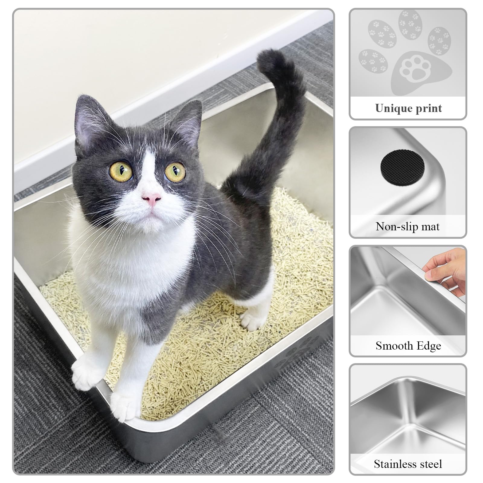 Pwtaa Stainless Steel Cat Litter Box High Side Cats Toilet Metal Kitten Litter Pan, Pet Cleaning Tool For Big And Small Cats, Ra