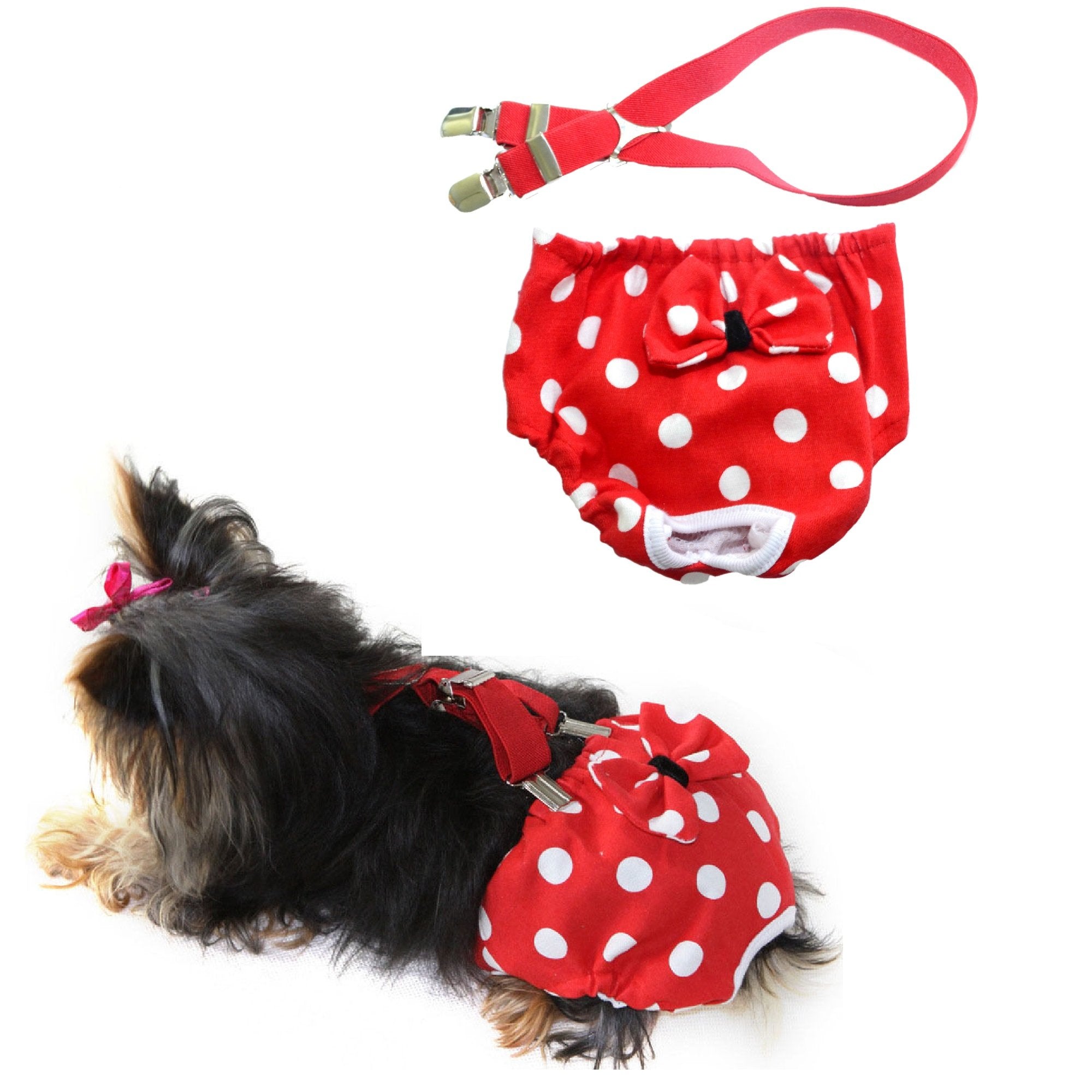 Funnydogclothes Dog Diaper With Suspenders Red Polka Dot Reusable Washable For Small Dog Breeds (Xsmall: Waist 8'' - 10'')
