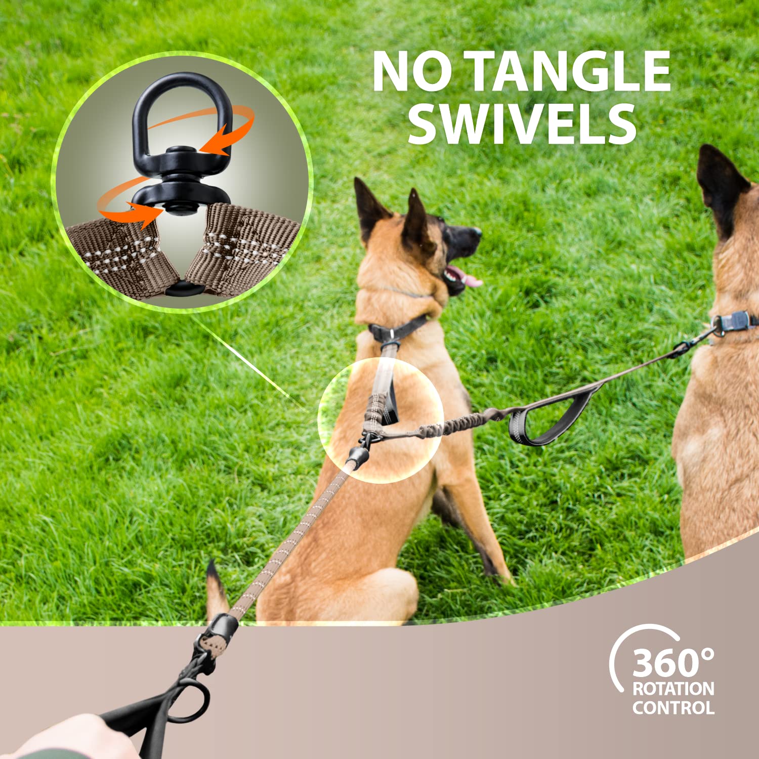 Heavy Duty Rope Bungee Leash For Large And Medium Dogs With Anti-Pull For Shock Absorption - No Slip Reflective Leash For Outside (Brown, For 2 Dogs)