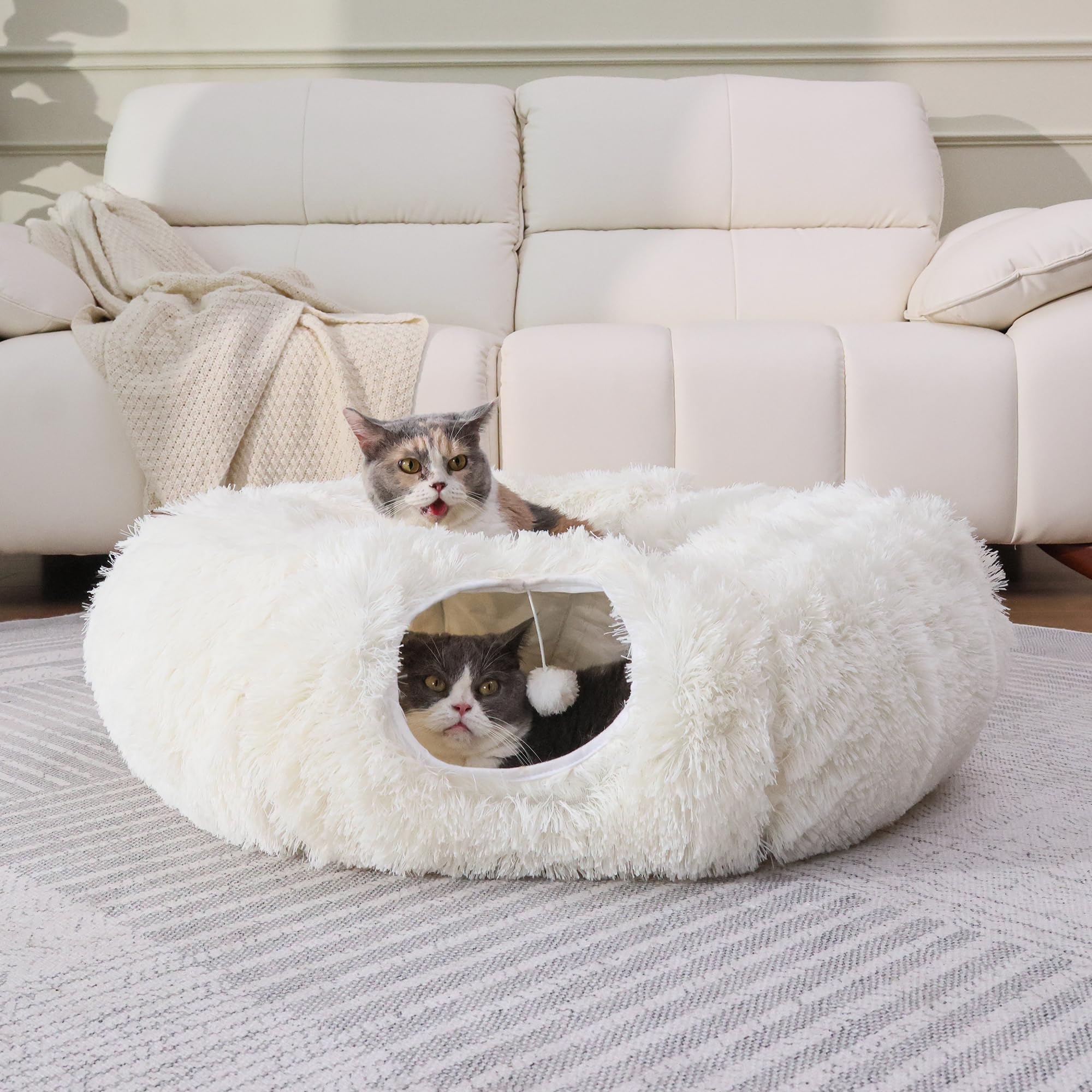 RYpetmia Plush Cat Tunnel Bed for Indoor Cats with Soft Cushion, Multi-Shape Play Cave with Hanging Balls, Large and Foldable Ca