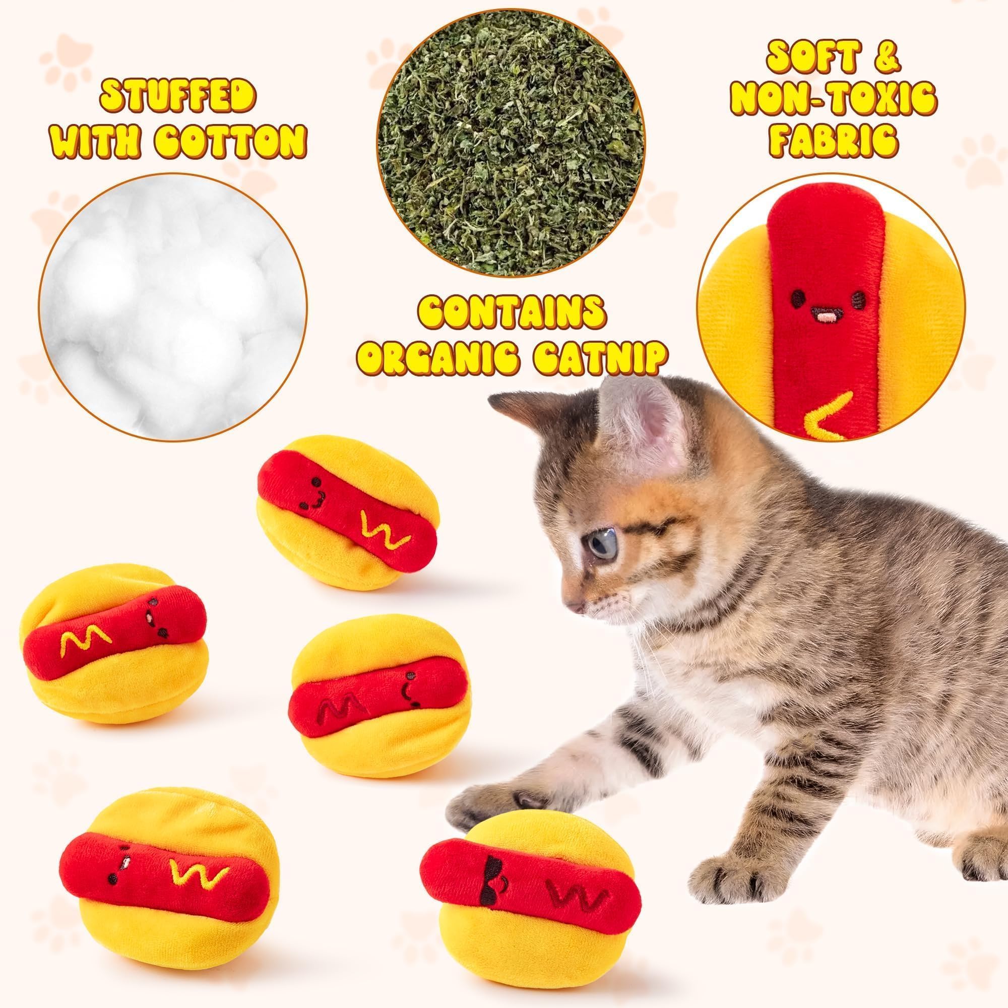 L1Rabe Hot Dog Catnip Stuffed Toys - Summer Black Cat Appreciation Day 5P Funny Hot Dog Cat Toys Indoor Interactive Pet Supplies