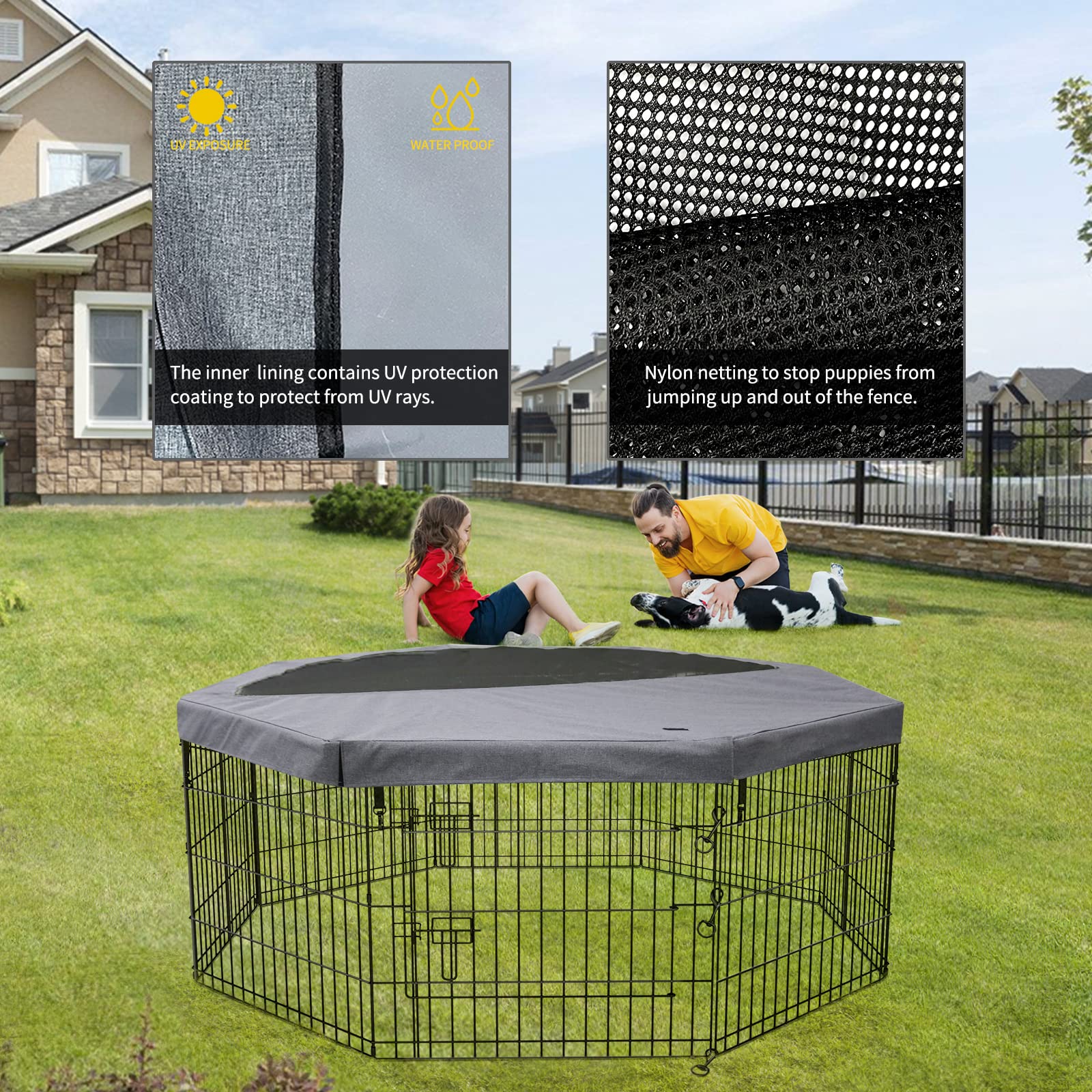 Petime Top Cover Sun/Rain Proof Provide Shade And Security For Indoor Outdoor Dog Playpen Fits All 24' Wide 8 Panels Pet Exerci