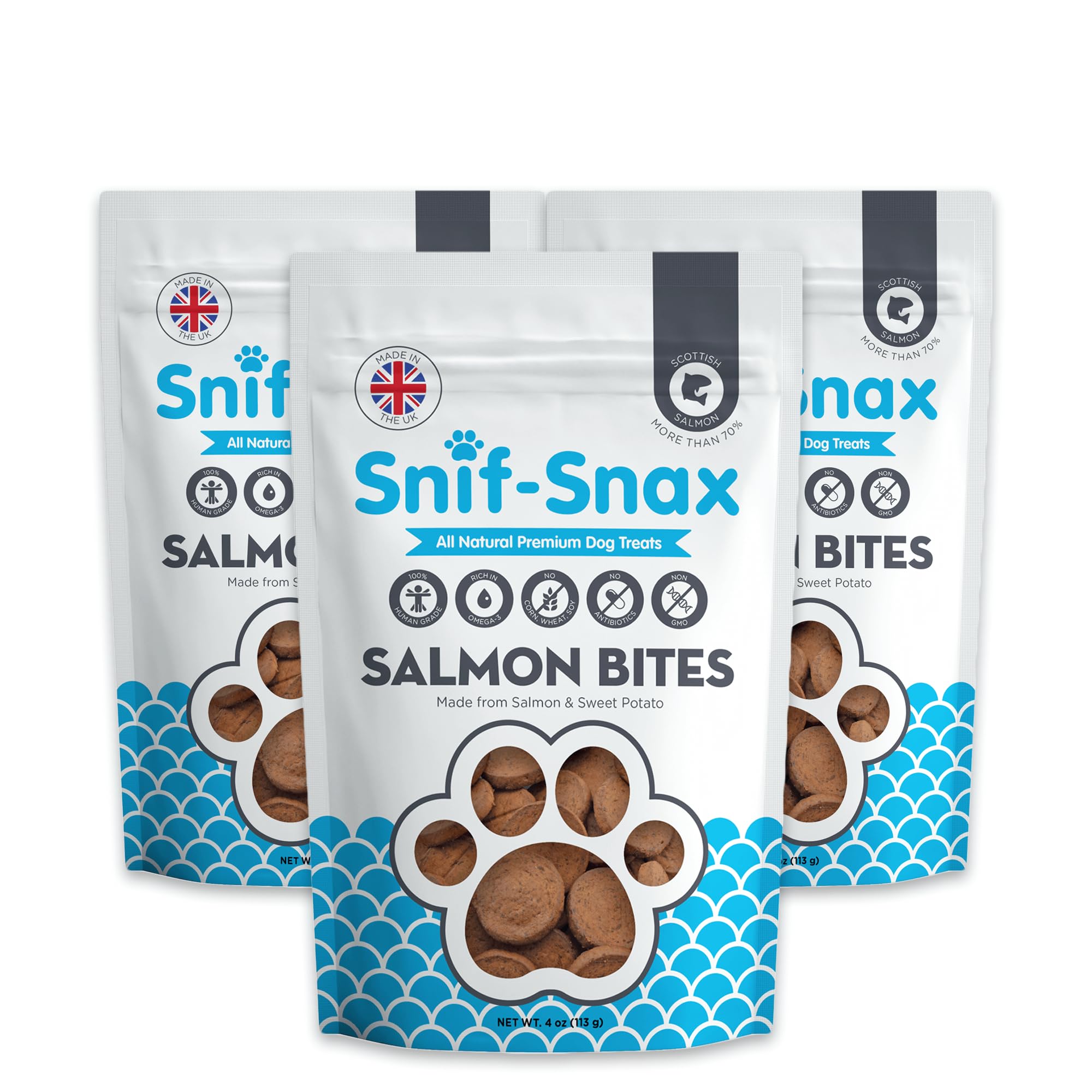 Snif-Snax Salmon Bites Dog Treats 3 Pack, All Natural Human-Grade Training Treats for Dogs, Healthy Grain-Free Puppy & Adult Rew