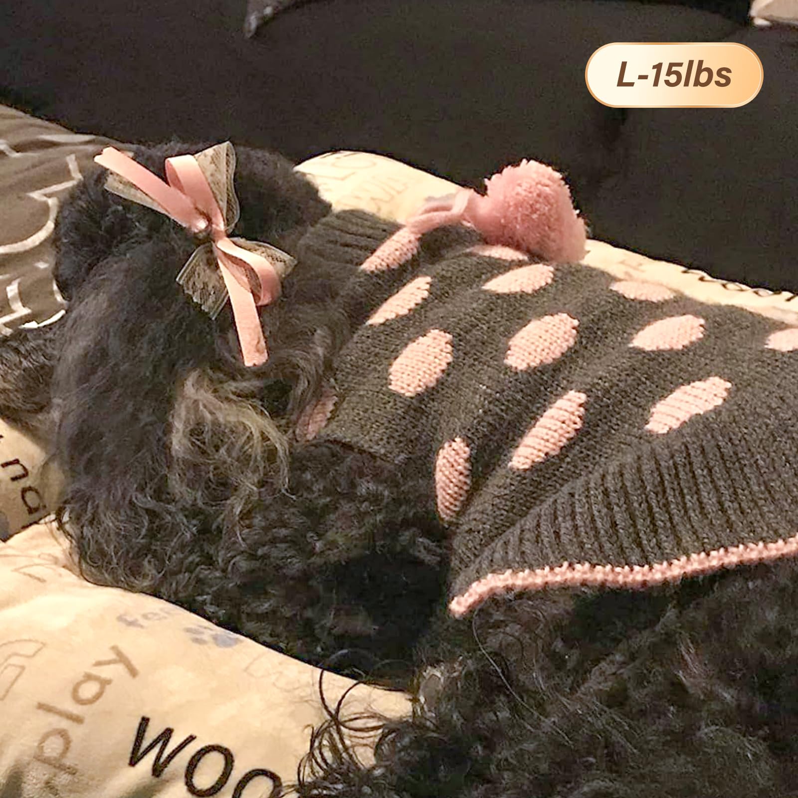 Kyeese Dog Sweater Dress Polka Dot Turtleneck Dogs Sweaters For Girl With Leash Hole Knit Pullover With Pom Pom Ball