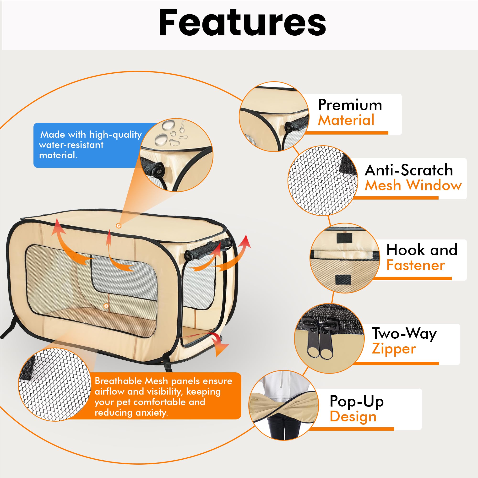 Beatrice Home Fashions Portable, Collapsible, Pop Up Kennel Travel Cat And Dog Crate, 36'' L X 22'' W X 22'' H, Beige