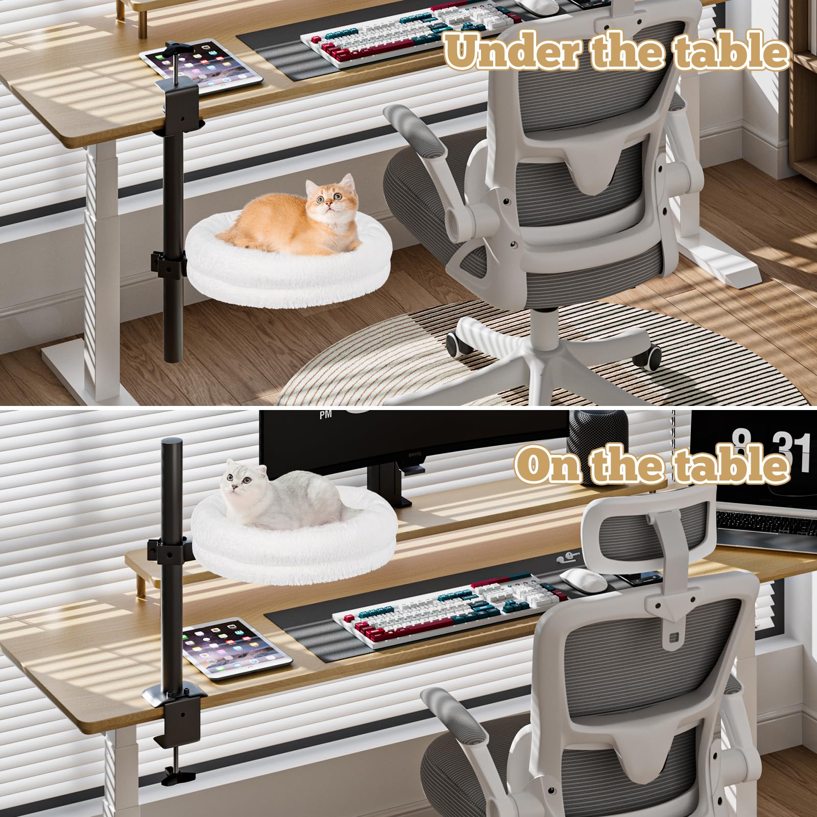 Cuipingoo Cat Desk Bed, Supports Up To 50 Lbs, Comfortable Soft Perch, Nest Bed Attachment Round Cat Hammock For Desk 360 Rotati