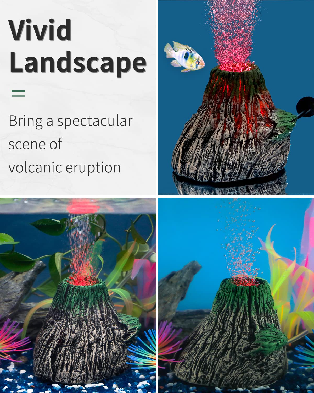 Uniclife Aquarium Volcano Ornament Kit Realistic Resin Volcanic Decoration With Air Stone Bubbler Red Led Light Decor For Fish T