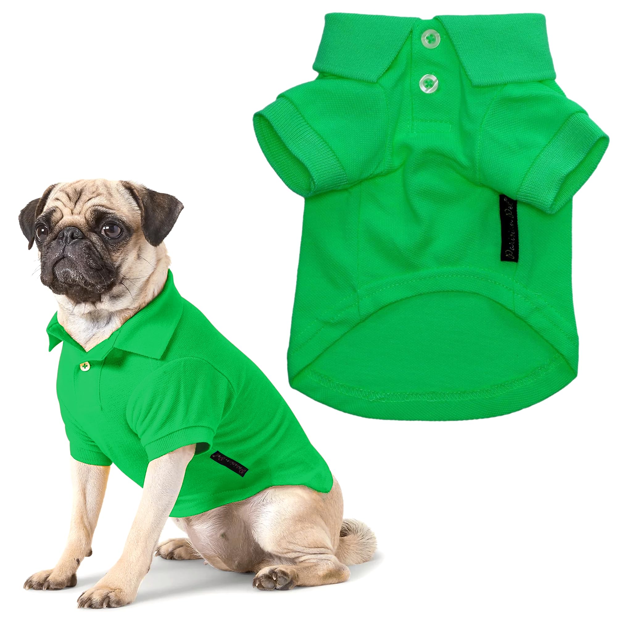 Parisian Pet Dog Polo Shirts - Breathable Dog Cotton Shirt - Solid Green Color, Summer Pullover Dog Clothes - Button Up Collar, 
