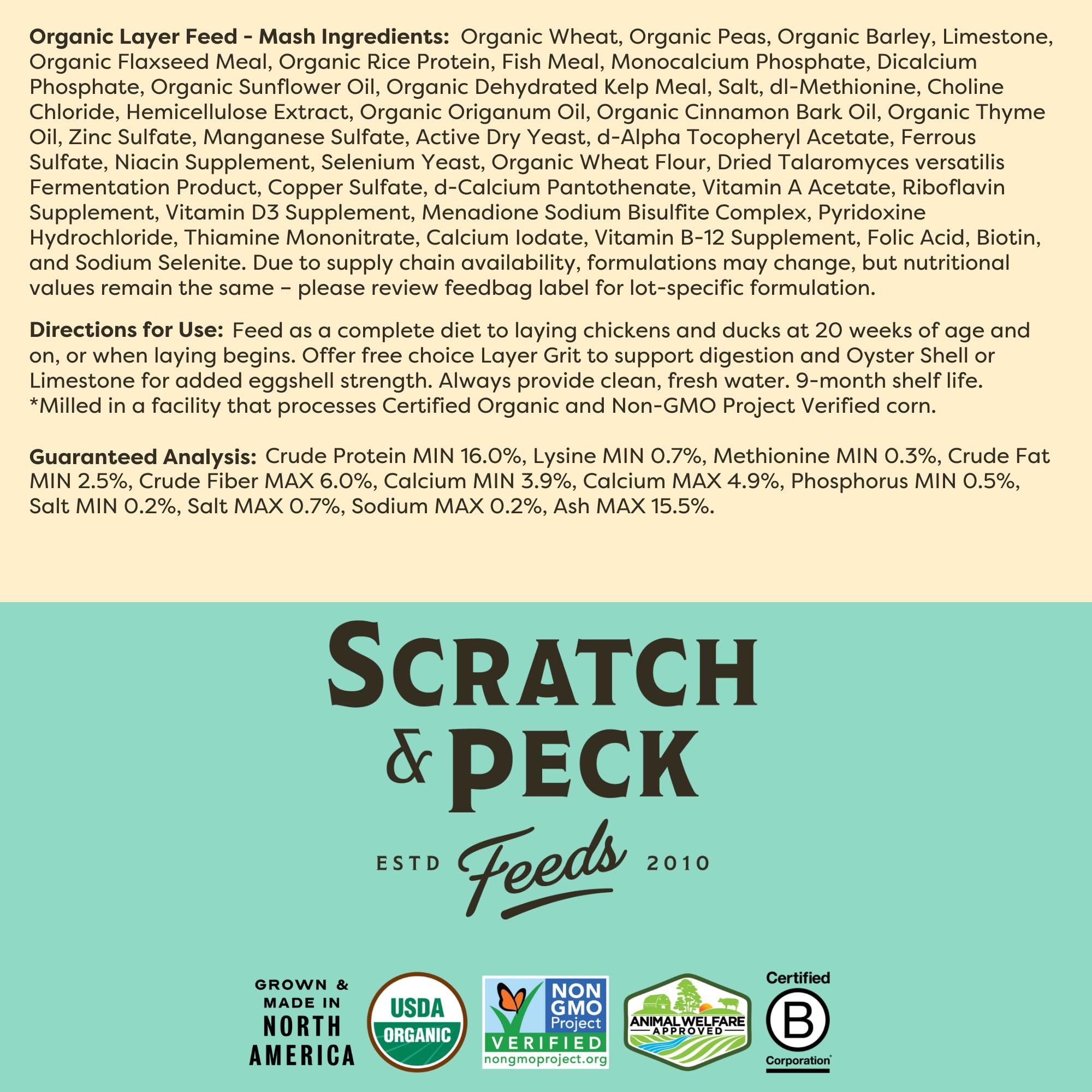 Scratch and Peck Feeds Whole Grain Layer Mash Chicken and Duck Feed - Corn-Free and Soy-Free - 16% Protein, Certified Organic an