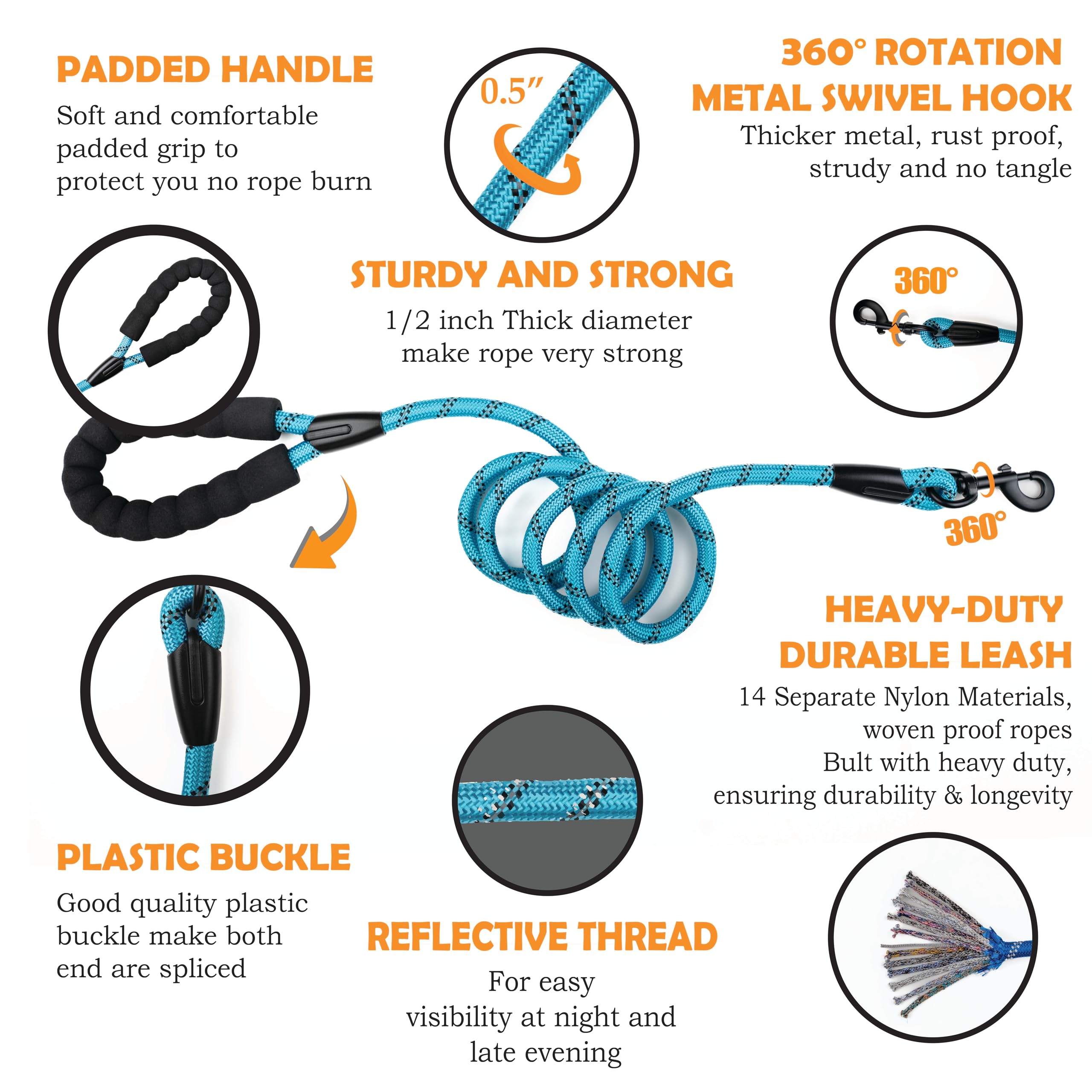 Glorypet 2 Pack 5 Ft Heavy Duty Dog Leash With Poop Bag And Dispenser And Silicone Toothbrush, Durable, Comfortable Padded Handl