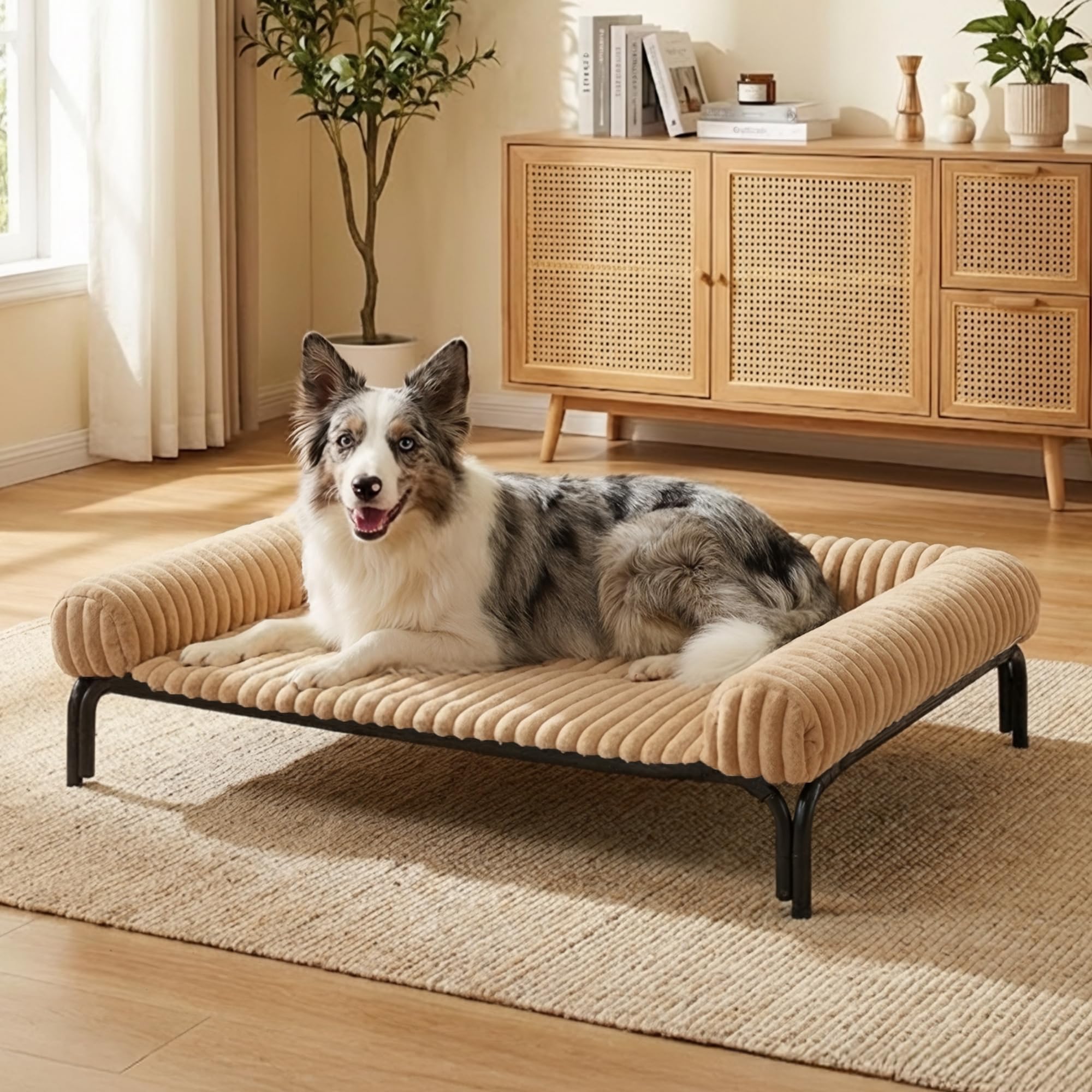 Elevated Dog Bed with Removable Fluffy Pillow Cushion, Raised Pet Cot Washable Bolster, Dog Couch Sofa, Anti Slip Feet, Khaki, 4