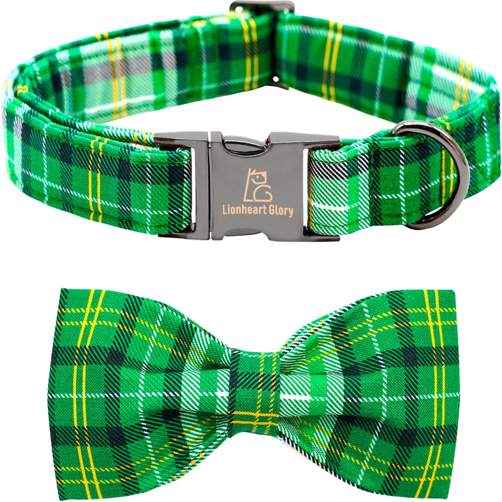 Lionheart Glory St. Patrick'S Day Dog Collar - Adjustable Green Plaid With Bowtie For Small Dogs