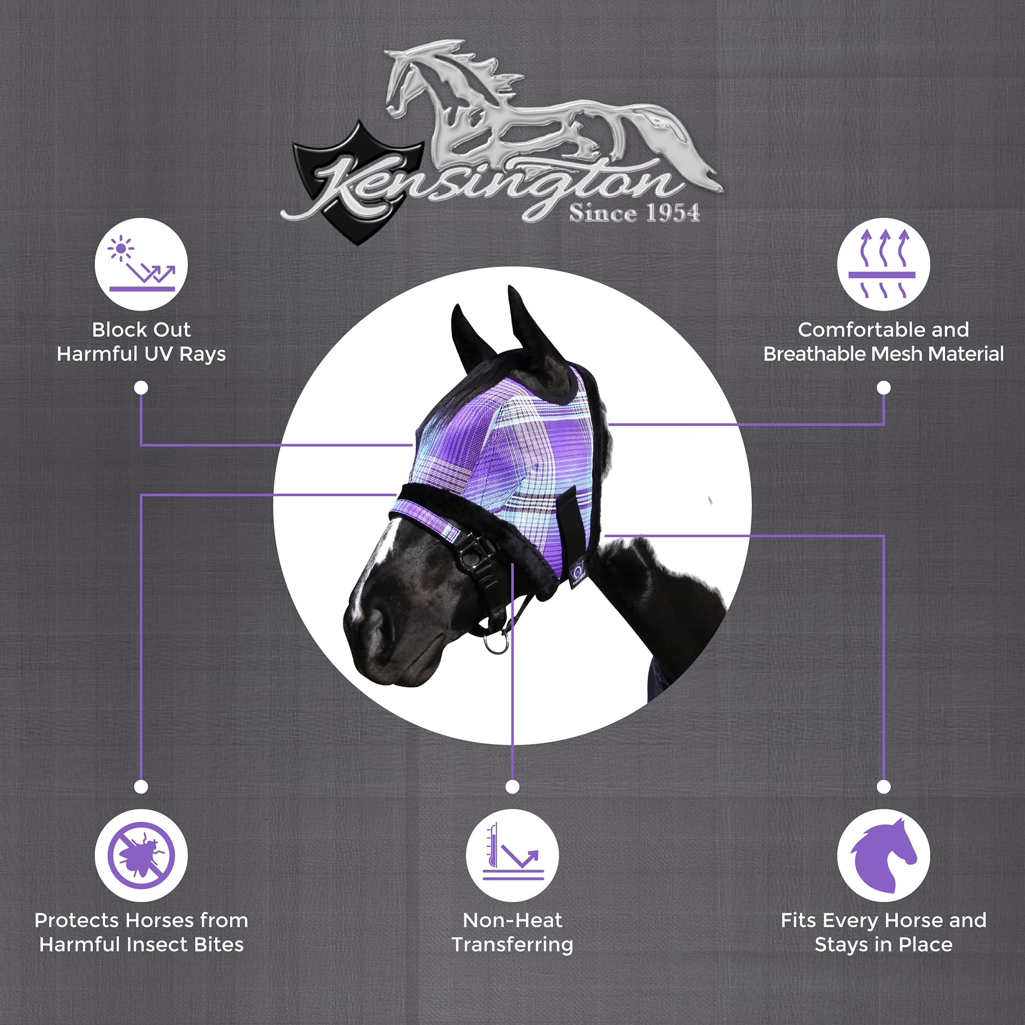 Kensington Fly Mask with Fleece Trim for Horses - Protects Face and Eyes from Flies and Sun Rays While Allowing Full Visibility