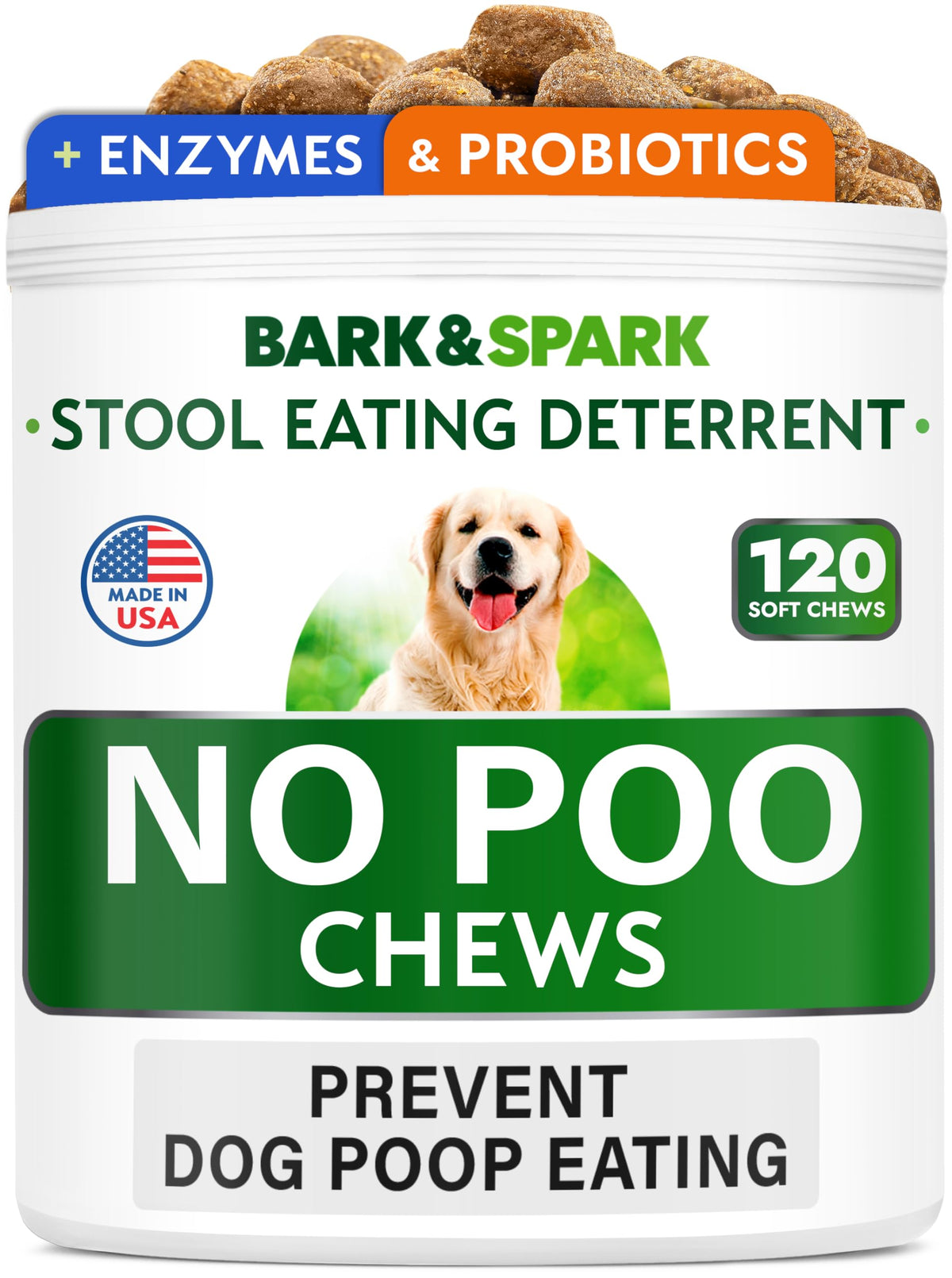 Bark&Spark No Poo Treats - Prevent Dog Poop Eating - Coprophagia Treatment - Stool Eating Deterrent - Probiotics & Enzymes - Digestive Health + Breath Aid - 120 Soft Chews - Usa Made - Bacon Flavored