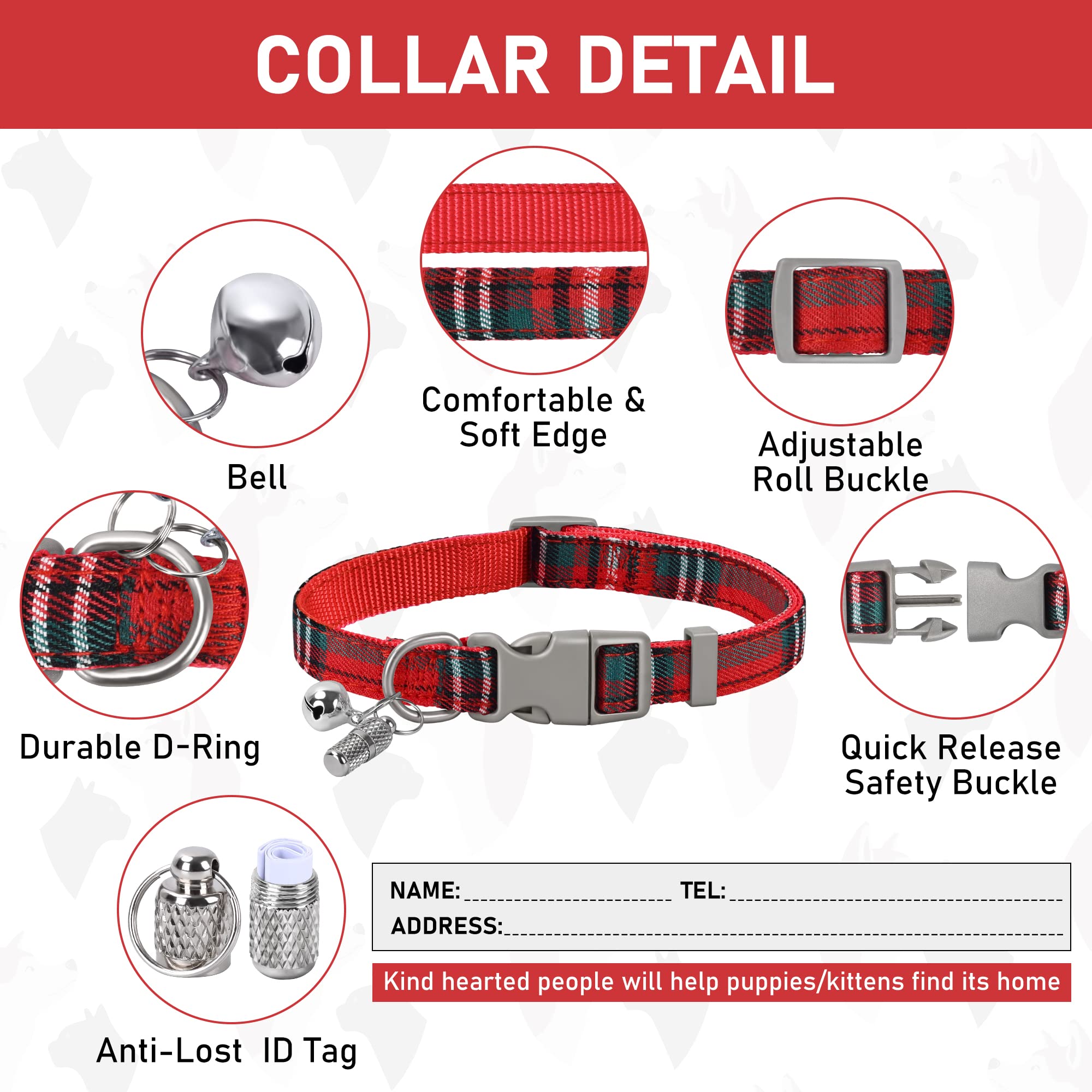 GAMUDA Dog Harness Set - Adjustable No Choke Vest for Medium Dogs, Cats, & Small Animals, Reflective Plaid, Red, Size L