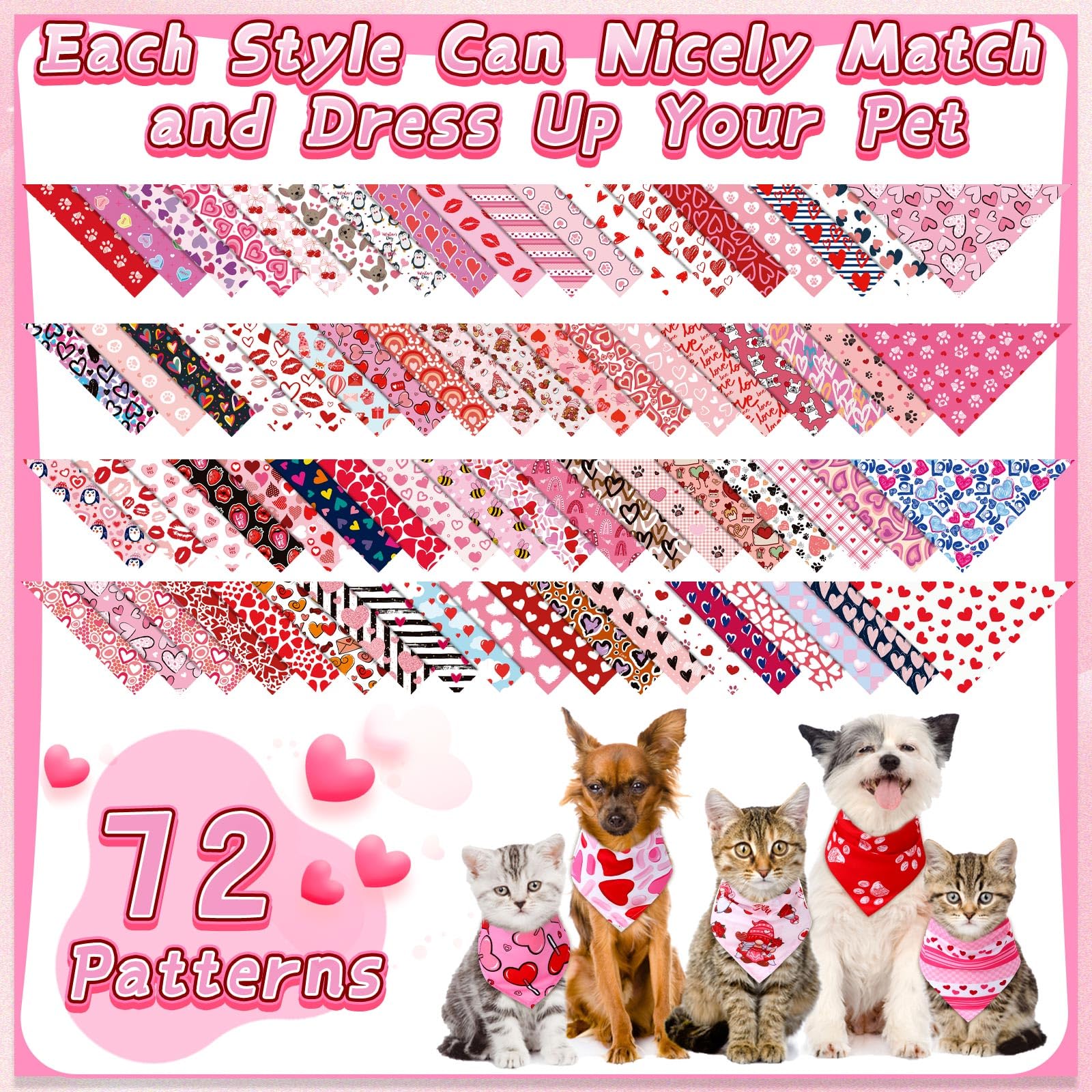Reginary 72 Packs Valentines Day Dog Bandanas Heart Adjustable Pet Bandanas Triangle Scarf Dog Bibs For Pet Costume Accessories