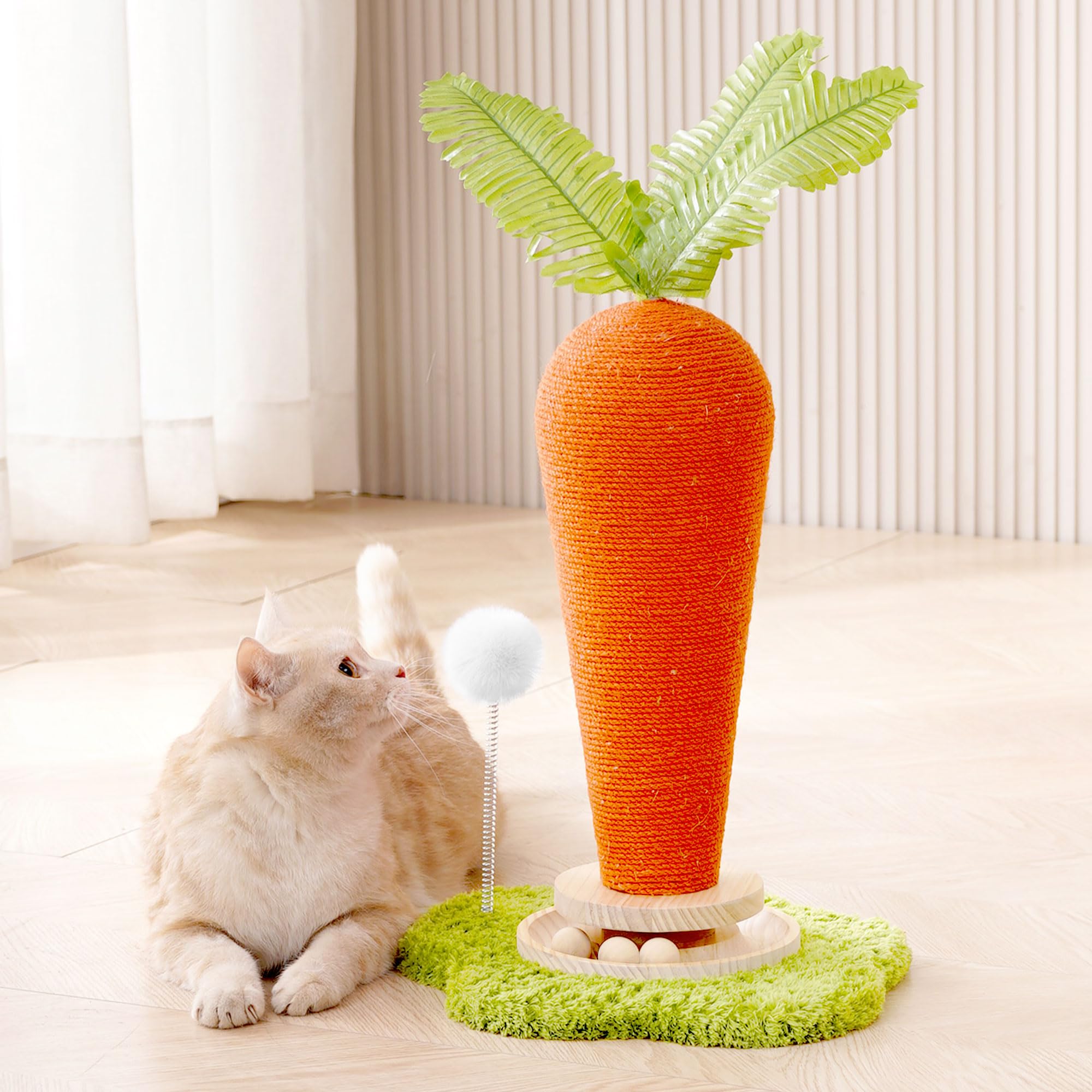 24' H Cat Scratching Post Carrot With Catnip, Cute Cat Scratcher Post With Durable Natural Wooden Turntable Toy, Carrot Shape De