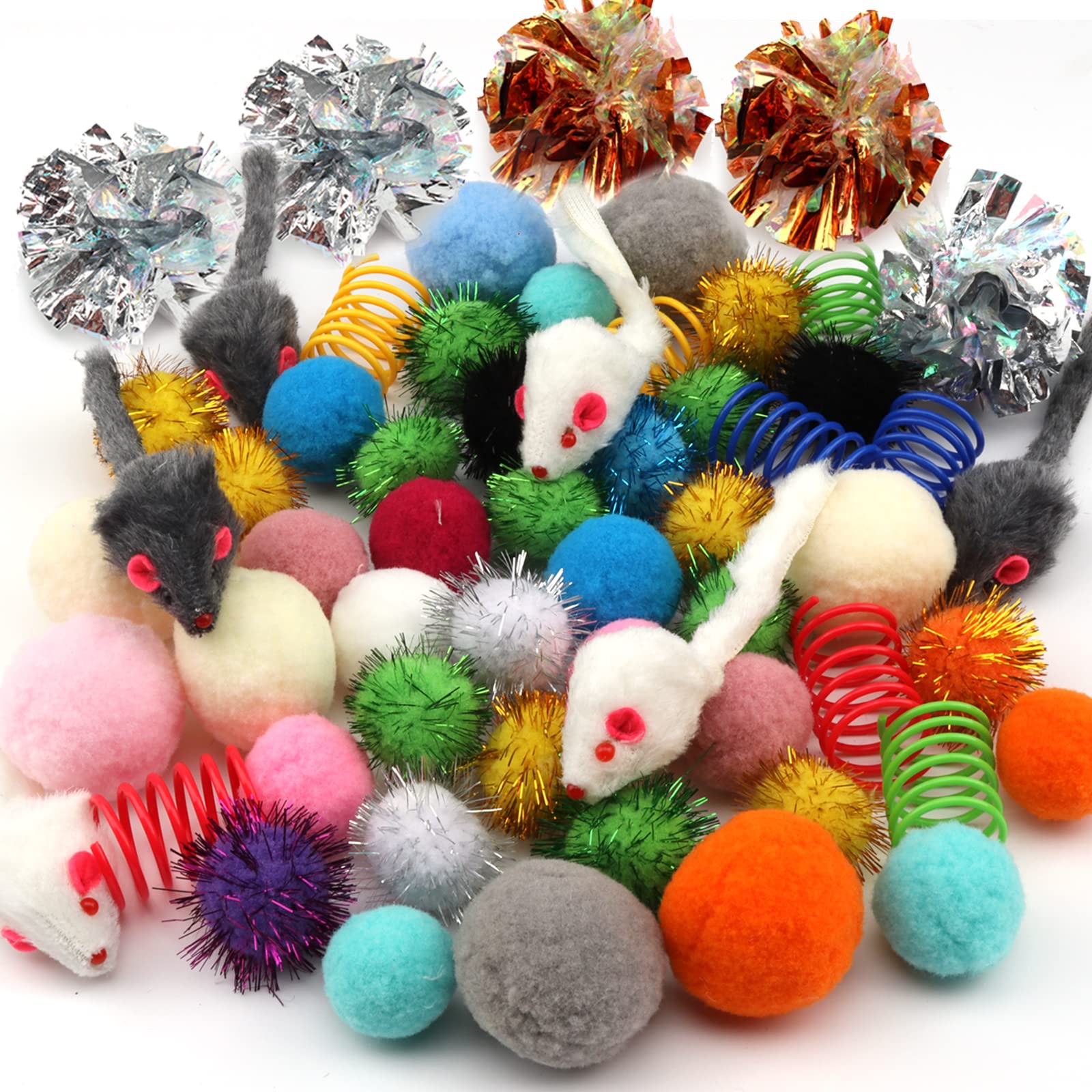 Pietypet 60 Pack Cat Toys - Assorted Kitten, Mouse, Crinkle & Pom Pom Balls