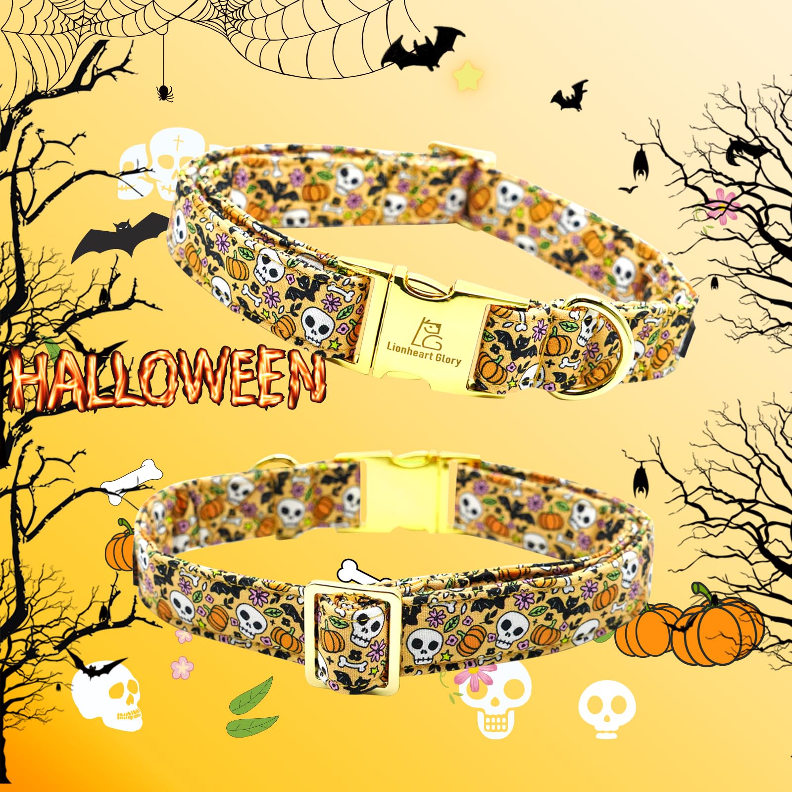 Lionheart Glory Halloween Dog Collars With Flower Fall Dog Collar Skull Collar Flowers Girl Boy Pet Collar For Small Dogs Duty Adjustable Flower Dog Collar Puppy