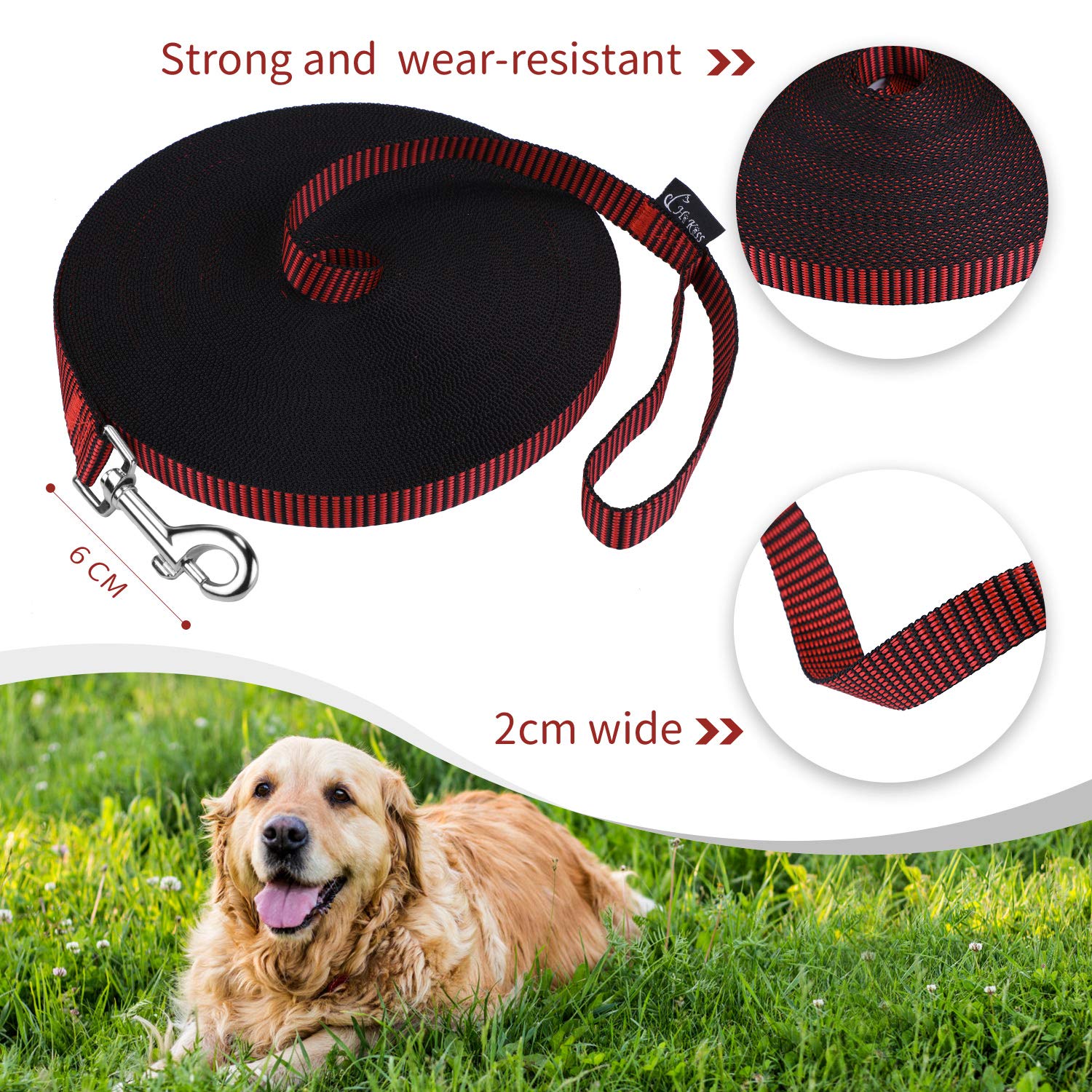 Hi Kiss Dog/Puppy Obedience Recall Training Agility Lead - 15Ft 20Ft 30Ft 50Ft 100Ft Training Leash - Great For Training, Play, Camping, Or Backyard(15Ft,Black_Red)