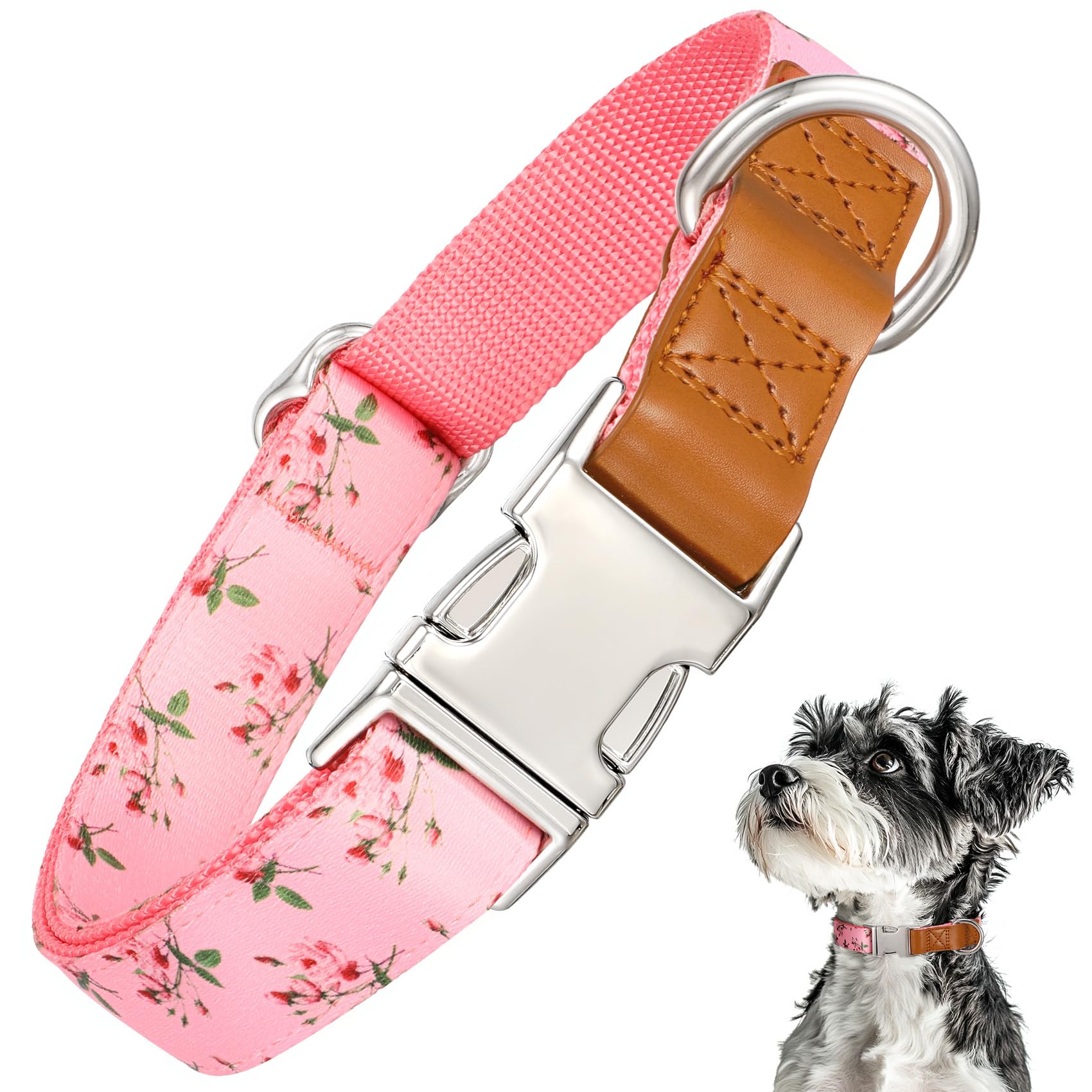 Whippy Floral Dog Collar With Quickly Release Metal Buckle Adjustable Cute Pink Rose Collars For Large Medium Small Breeds