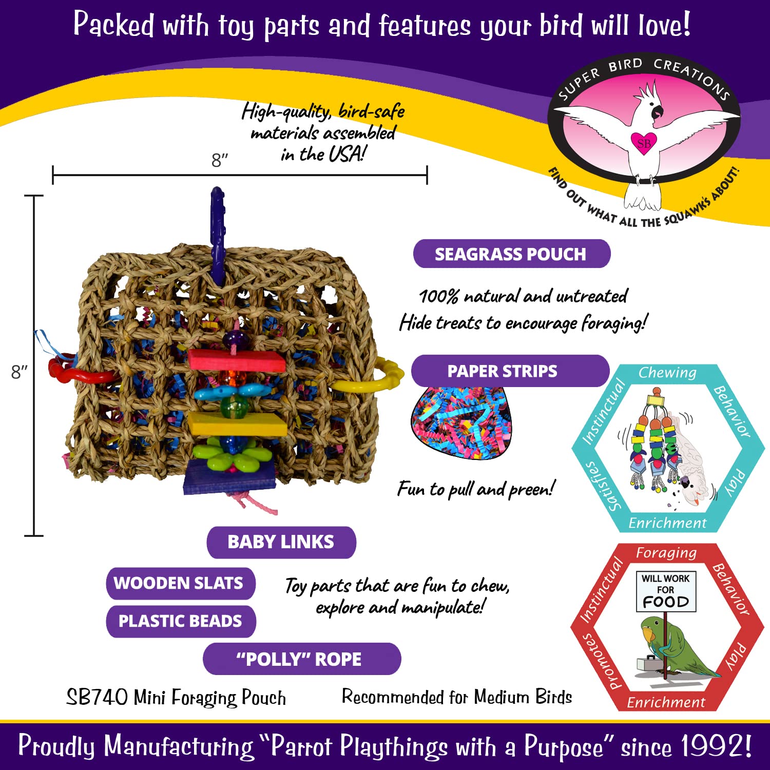 Super Bird Creations Sb740 Mini Foraging Pouch - Interactive Foraging Toy For Birds - Natural Seagrass Mat For Parrots, Ringneck