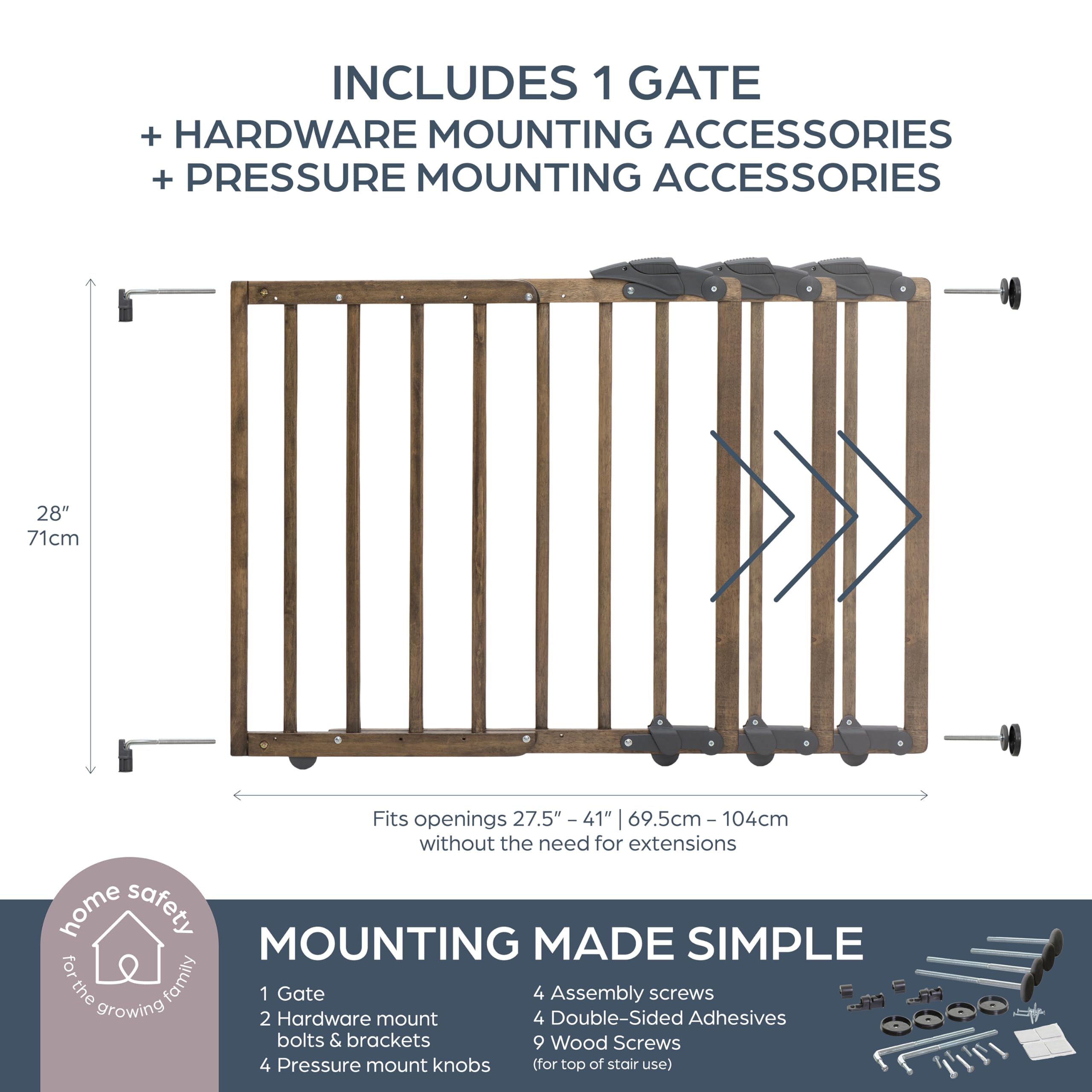 Dreambaby 27.5-41 Nottingham Rustic Wooden Baby Gate for Stairs and Doorways - Two Mount Options: Drill-in Walk Through or No Sc